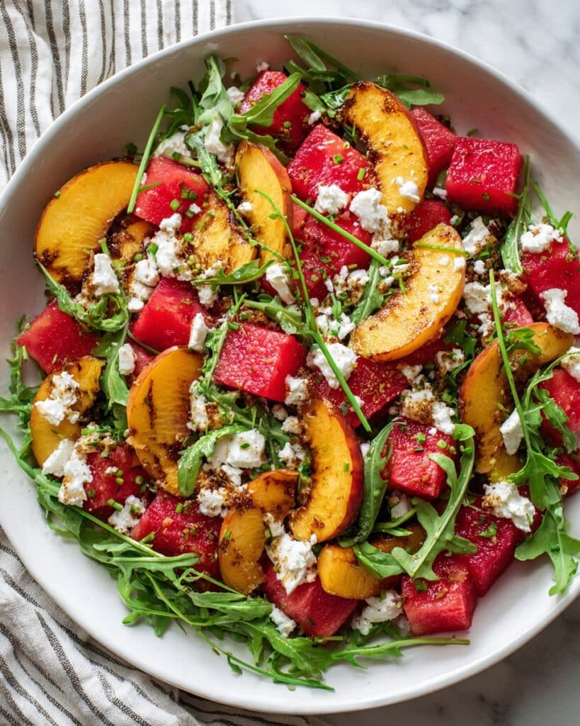 Watermelon Peach Salad with Feta and Arugula Recipe