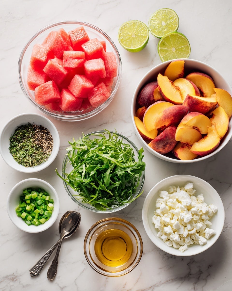 The image shows several white and clear bowls arranged on a white marbled surface. On the top left, a clear glass bowl holds bright red watermelon cubes, and next to it on the right is a white bowl full of sliced peaches with reddish-orange skin and yellow flesh. Above this bowl, there are two lime halves showing their pale green juicy inside. Below the watermelon, a clear bowl is filled with fresh green arugula leaves. To the right of the arugula, a white bowl contains chopped green onions, while next to it is another white bowl filled with small white crumbled cheese. Below the cheese bowl, a small white bowl holds golden honey, and a silver spoon with minced garlic rests beside it. Above the honey and cheese bowls are two tiny white bowls with finely chopped green herbs and a mix of salt and pepper. The overall setting is clean and bright. photo taken with an iphone --ar 4:5 --v 7