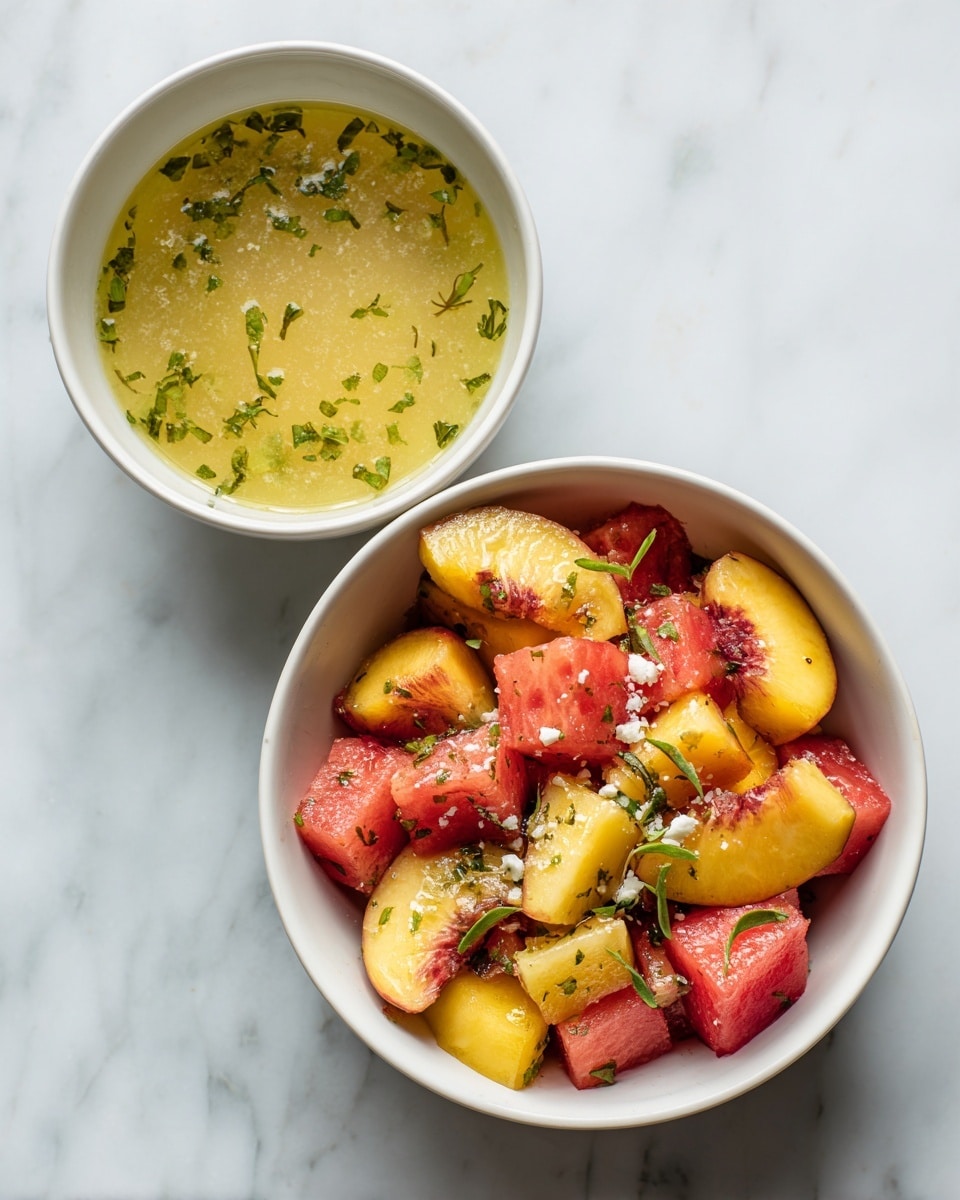 A white bowl filled with a colorful salad resting on a white marbled surface with a striped cloth nearby. The salad has three main layers: bright red watermelon cubes with a smooth texture scattered evenly, golden peach slices with slightly browned edges placed on top and throughout, and fresh green arugula leaves with thin stems spread across the entire bowl. Small white crumbly bits of cheese are sprinkled over the salad. Tiny green chives are also visible, adding small dots of color. The salad looks fresh and vibrant. photo taken with an iphone --ar 4:5 --v 7