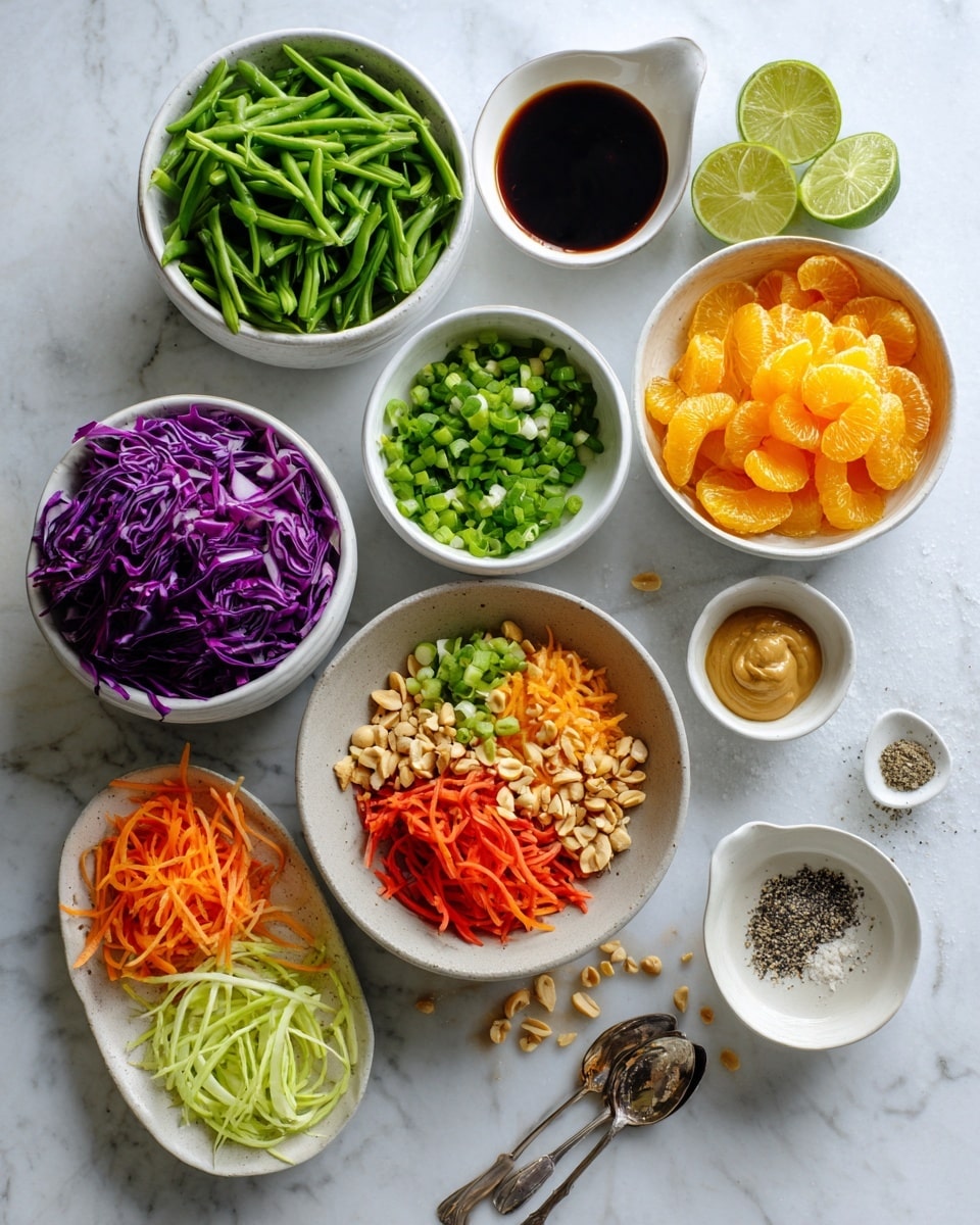 The image shows an overhead view of several small white bowls and spoons arranged on a white marbled surface. The bowls contain chopped green beans, shredded bright orange carrots, thinly sliced purple cabbage, peeled orange mandarin segments, chopped green onions, chopped peanuts, a dark soy sauce, and a creamy peanut dressing. There is also a whole fresh lime, a small white bowl with a clear liquid, a spoon with grated ginger, and a spoon with a mix of salt and black pepper. The colors are fresh and vibrant, showcasing a variety of textures from crunchy to smooth. Photo taken with an iphone --ar 4:5 --v 7