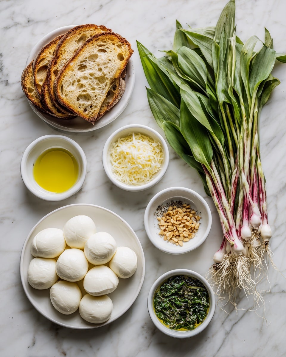 The image shows a white marbled surface with ingredients arranged neatly. On the left, a stack of five toasted bread slices has a golden brown crust and a soft, light inside. Below this, a white plate holds many white slices of mozzarella cheese, smooth and round. Next to it are six small white bowls: one with grated pale yellow cheese, one with a light green liquid, one with golden brown chopped nuts, one with clear golden olive oil, one with finely chopped green herbs, and one with white salt and black pepper. On the right side, a bunch of fresh wild garlic leaves with red and white stems and visible roots lay on the white marble texture. The photo taken with an iphone --ar 4:5 --v 7