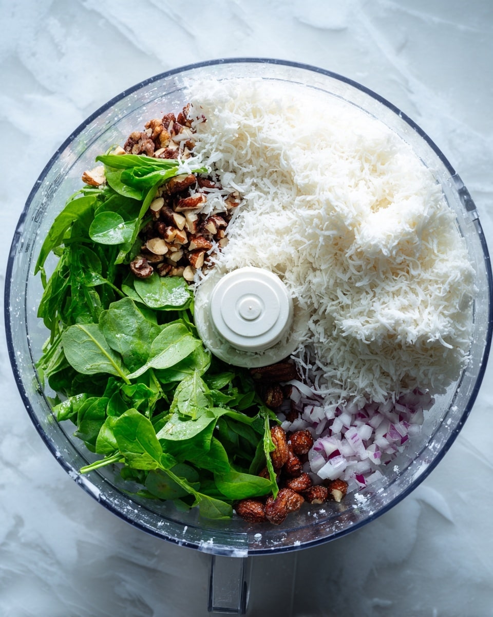 A clear food processor bowl filled with multiple layers: the bottom layer shows chopped red onions and small pieces of nuts, scattered unevenly. Above that, there are fresh bright green leaves placed mostly to one side, their smooth texture clearly visible. On top, there is a large amount of shredded white coconut spread unevenly, contrasting with the green leaves and other ingredients. The food processor rests on a white marbled surface with soft, natural lighting. Photo taken with an iphone --ar 4:5 --v 7