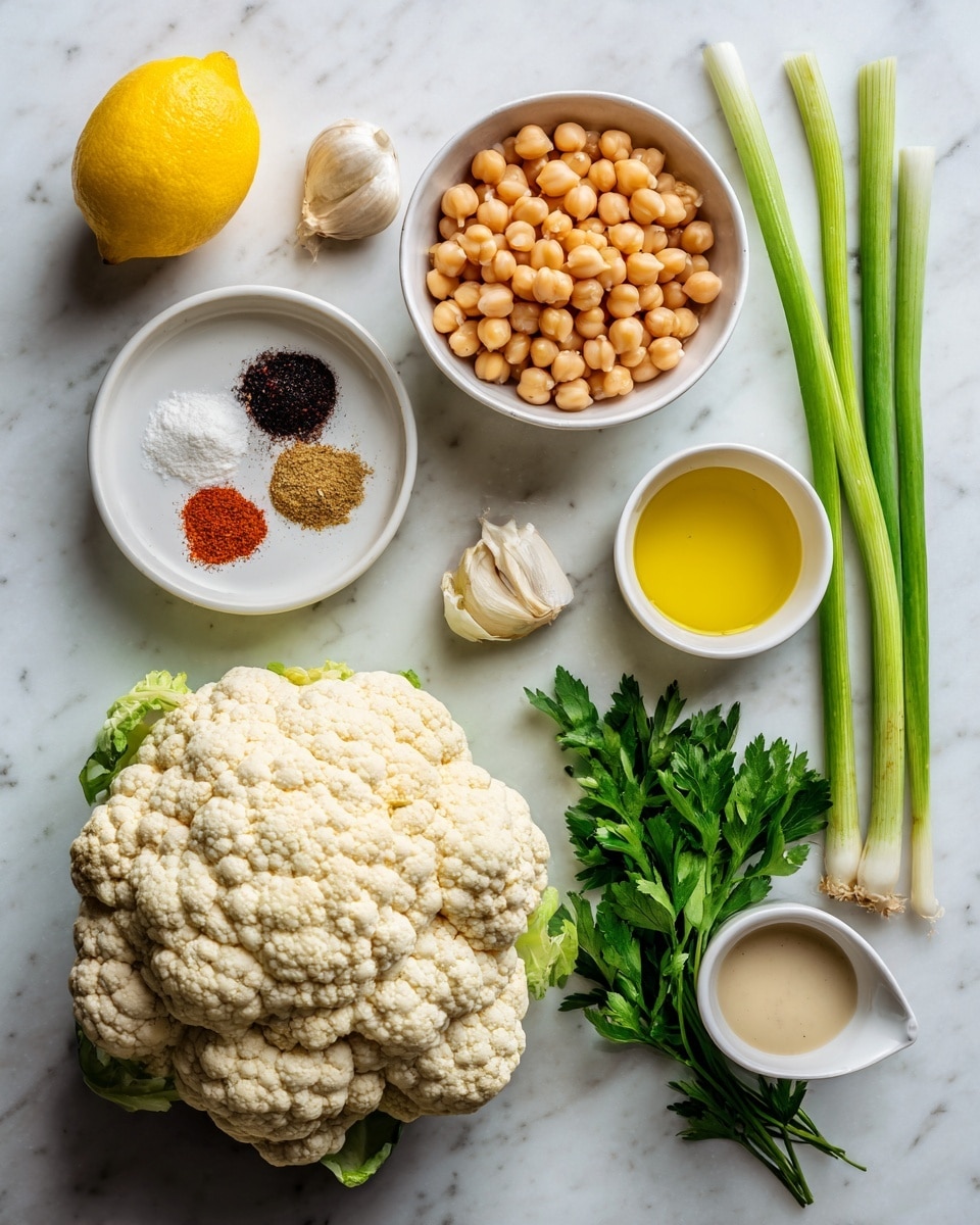 The image shows fresh ingredients arranged neatly on a white marbled surface. In the center is a whole head of cauliflower with a creamy white color and bumpy texture. To the left, there is a bright yellow lemon and a white bowl filled with round, light tan chickpeas. Above the cauliflower, a white bowl holds several spices in small piles, including reddish-brown, black, white, and light brown powders. Next to the spices lies a small clove of garlic. On the right side, there are three green onion stalks with a fresh green color, and below them, a bunch of leafy green parsley. Below the cauliflower, a small white cup contains golden olive oil, and above it, a light beige tahini sauce with a smooth texture sits in another white bowl. Photo taken with an iphone --ar 4:5 --v 7