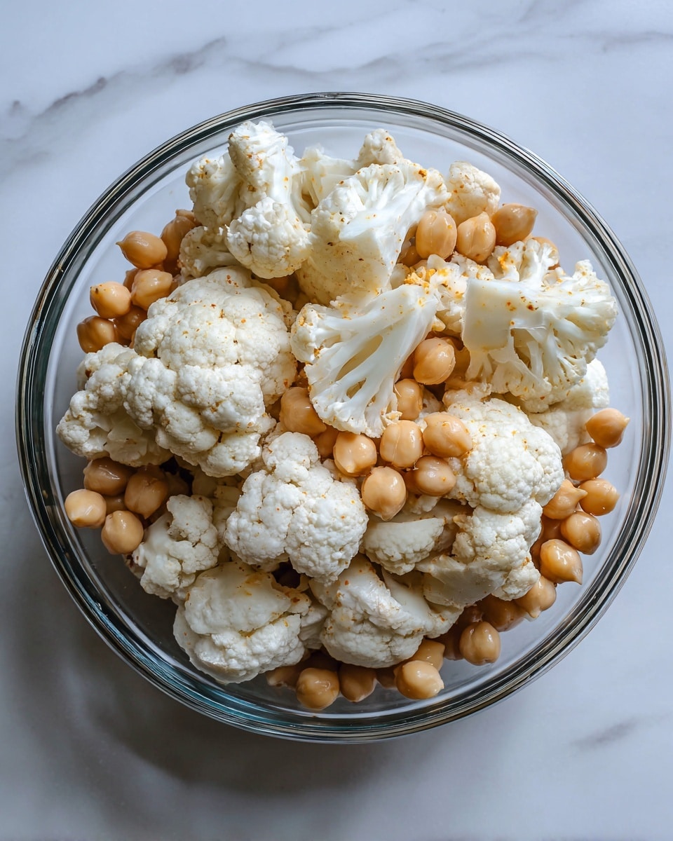 A glass bowl filled with large white cauliflower pieces that show a slight orange tint from spices, resting on a base of round, light tan chickpeas. The cauliflower pieces are chunky with a rough texture and spread unevenly over the chickpeas, which are smooth and firm. The bowl sits on a white marbled surface. photo taken with an iphone --ar 4:5 --v 7