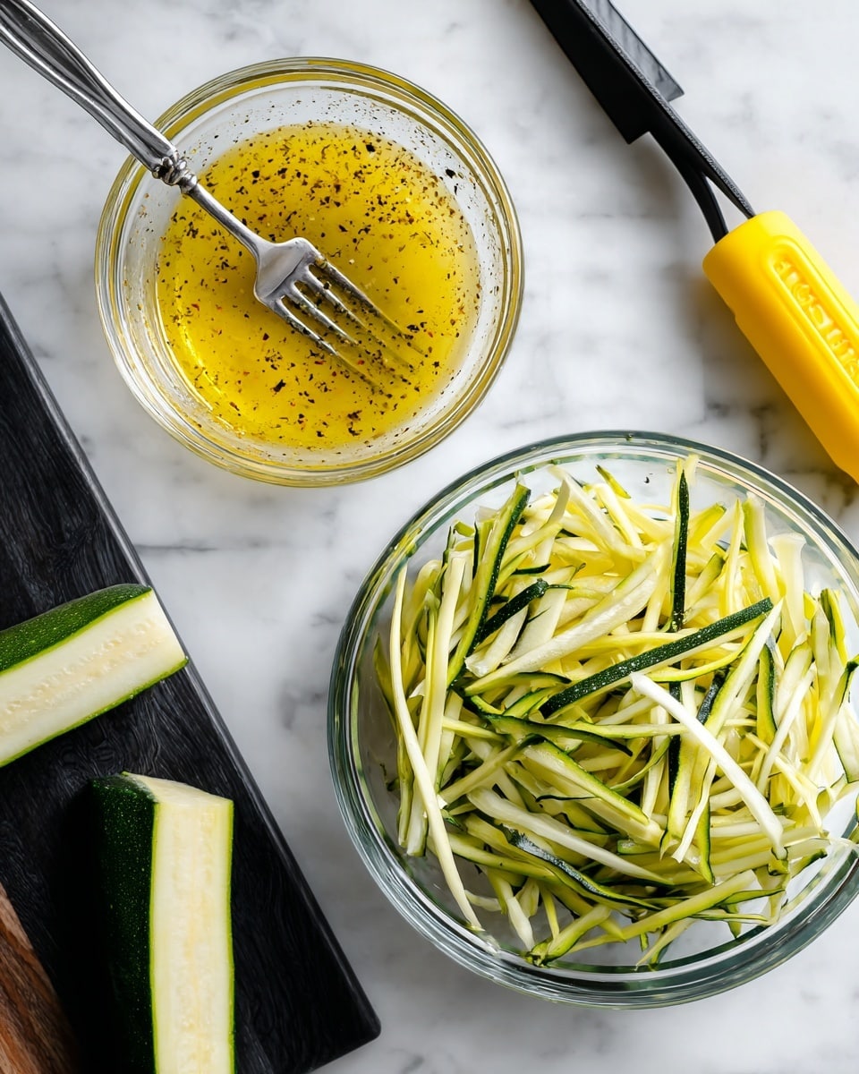 The image shows two glass bowls on a white marbled surface. The left bowl contains a yellowish dressing with black pepper specks, and a fork is resting inside it. On the right, there is a glass bowl filled with thin, long, light green zucchini strips with dark green edges. Next to this bowl is a yellow peeler on a black cutting board, with a peeled zucchini half lying beside it. Photo taken with an iphone --ar 4:5 --v 7