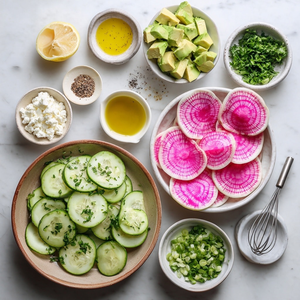 On a black cutting board placed on a white marbled surface, there is one whole round slice of watermelon radish with a green outer edge and a bright pink center radiating with thin white lines. Next to it, several thin, semi-circular slices of the same radish are scattered, showing the same colors and texture. A white mandoline slicer with a black handle lies to the left of the radish, its shiny blade reflecting light. Photo taken with an iphone --ar 4:5 --v 7