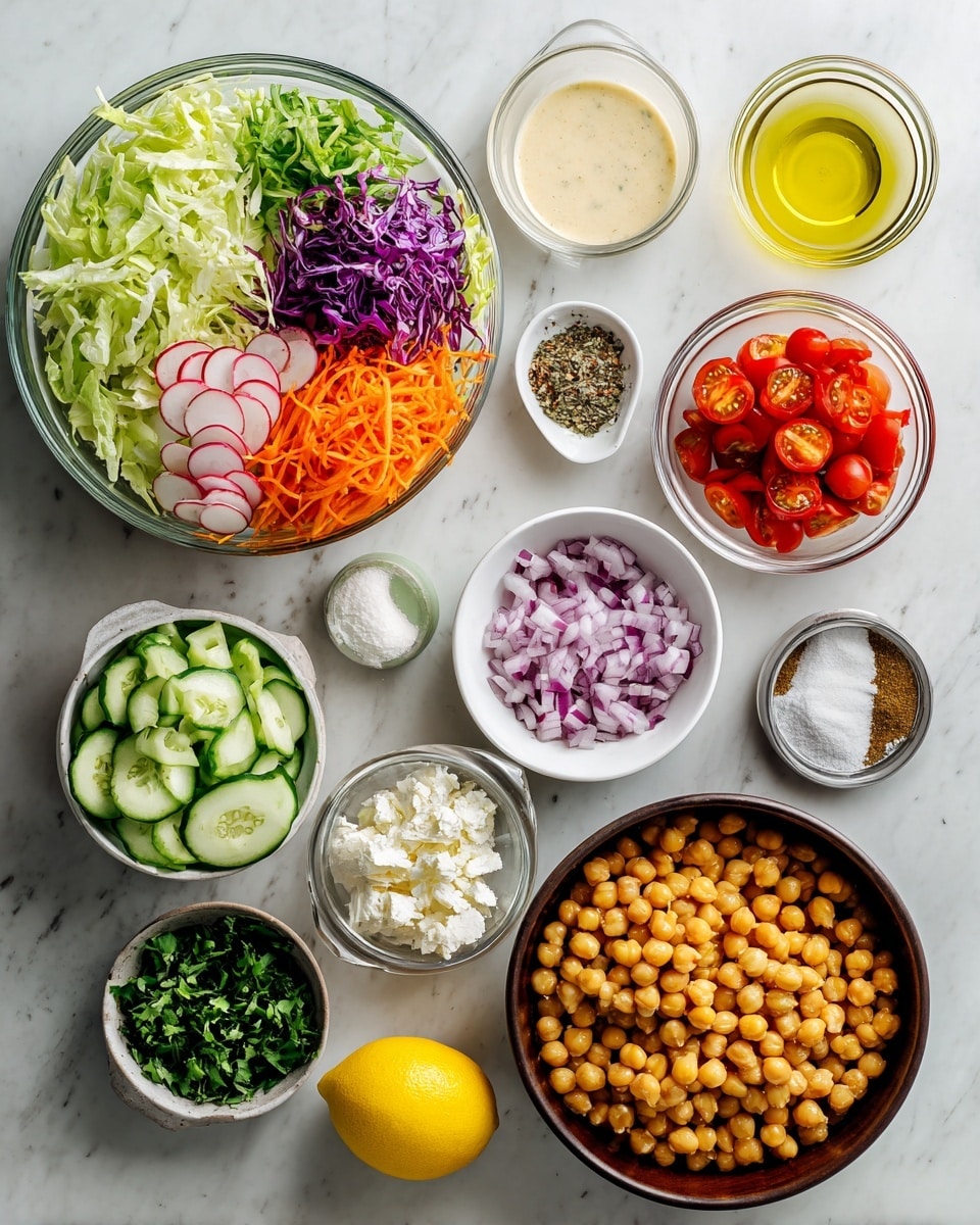This image shows a top view of various fresh ingredients arranged neatly on a white marbled surface. On the left, there are two clear glass bowls, one filled with layers of green lettuce, shredded purple cabbage, and shredded orange carrots, and the other with slices of radish, cucumber, and halved cherry tomatoes. On the right side, there are several smaller bowls and containers, including a white bowl with a creamy beige dressing, a white bowl with crumbled white cheese, a silver bowl filled with chopped red onions, a small clear bowl with mixed ground spices, a tiny white bowl with white powder, another tiny white bowl with finely chopped garlic, and a small white bowl with a bit of clear liquid. There is also a larger transparent bowl filled with cooked chickpeas, a dark bowl with fresh chopped green herbs, a small white bowl with yellow oil, and a whole yellow lemon placed near the bottom right corner. The overall setting is clean and organized, showcasing vibrant and fresh ingredients ready for preparation photo taken with an iphone --ar 4:5 --v 7