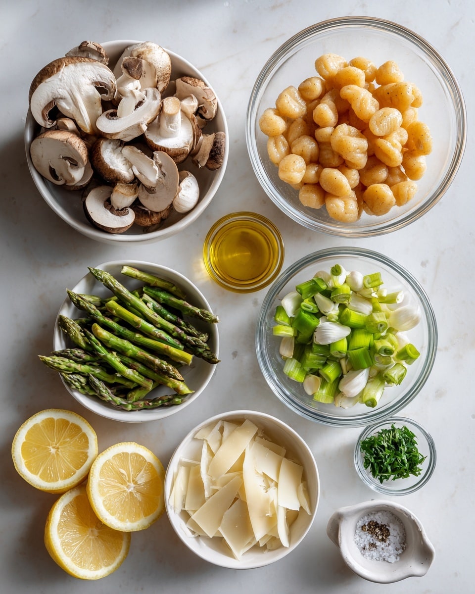 The image shows several white bowls and glass bowls arranged on a white marbled surface, each filled with different ingredients. One clear glass bowl at the top right contains small, light orange gnocchi. To its left, a larger white bowl holds sliced, light brown mushrooms with white edges. Below the mushrooms, a white bowl is filled with chopped green asparagus pieces. A small white bowl below the asparagus contains thin, pale yellow shaved cheese slices. To the right of the cheese bowl, a tiny white bowl holds chopped green herbs. Two garlic cloves rest near the center-left. On the right side, a small glass bowl with golden olive oil sits beside two lemon halves with a bright yellow color. In the bottom right corner, a small white bowl has salt and black pepper. The setup is clean and minimal with natural colors. Photo taken with an iphone --ar 4:5 --v 7