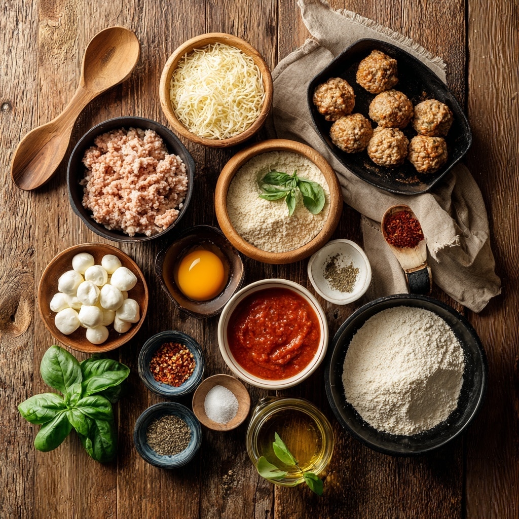 A clear round glass bowl is filled with layers of ingredients arranged separately in a circle: at the bottom left is a pile of light green dried herbs, next to it a light brown breadcrumb layer, above that a small pile of red chili flakes. To the right of these is a fluffy pile of pale yellow shredded cheese, topped with a sprinkle of dark green dried herbs. Below the cheese and herbs is a raw pink ground meat layer, with a raw egg yolk and white beside it on the far right. The bowl sits on a white marbled surface. Photo taken with an iphone --ar 4:5 --v 7