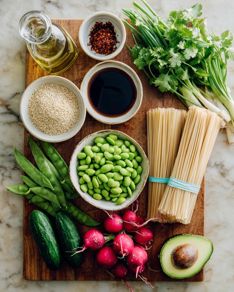 A wooden board is filled with many fresh ingredients arranged neatly: in the top left, a small clear glass bottle of light oil next to a small white bowl of dark soy sauce, and another bowl with red chili flakes; below them, a small bowl of white sesame seeds and a larger white bowl in the center with bright green edamame beans. To the right, bunches of green onions tied with a blue band sit above pale uncooked noodles bound with pink paper, next to a bunch of fresh green cilantro. Around the bottom left are two small cucumbers, a halved avocado showing its green inside and large brown seed, green pea pods above, and clustered red radishes on the bottom right. All ingredients rest on a white marbled surface photo taken with an iphone --ar 4:5 --v 7