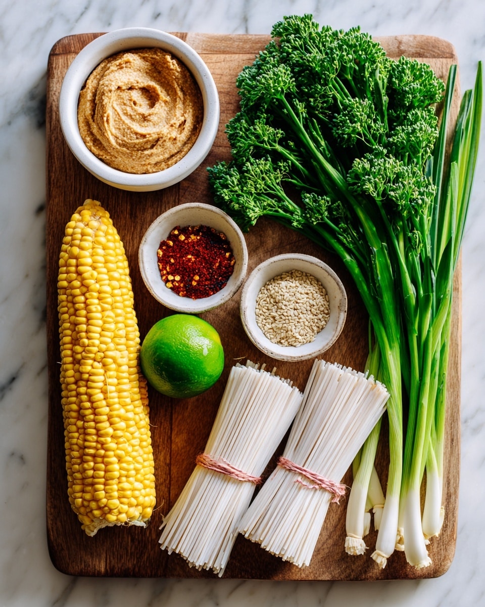 This image shows a wooden board on a white marbled surface with fresh ingredients arranged neatly. From the left, there is a white bowl with light brown paste and below it another white bowl with sesame seeds and some red seasoning. Next to the bowls is a whole yellow corn cob with bright kernels. Moving right, there are green broccolini stalks with small florets, two bundles of white noodles wrapped with pink bands, and a few long green onions with white bulbs at the bottom. At the top center of the board, there is a green lime. The colors are vibrant and textures vary from smooth noodles to the rough wooden board and shiny vegetables. Photo taken with an iphone --ar 4:5 --v 7