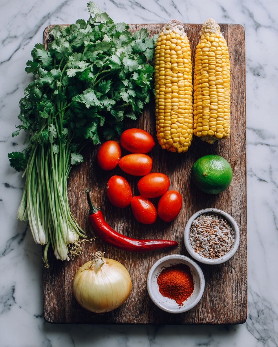 The image shows a wooden board with various fresh ingredients arranged neatly. On the left side, there is a large bunch of green cilantro with long stems. Next to it, two yellow corn cobs are placed vertically side by side. Below the cilantro and corn, there are several small, oval-shaped red tomatoes grouped in the center. To the right of the tomatoes, a whole green lime adds a pop of bright color. Near the bottom left corner, there is a round yellow onion and a whole garlic bulb close together. A long, red chili pepper is positioned diagonally, pointing upward from the bottom left toward the tomatoes. In the lower right corner, two small white bowls sit side by side—the left bowl contains a pile of reddish powder, and the right bowl holds a mix of small brown seeds. All items rest on a white marbled surface. photo taken with an iphone --ar 4:5 --v 7