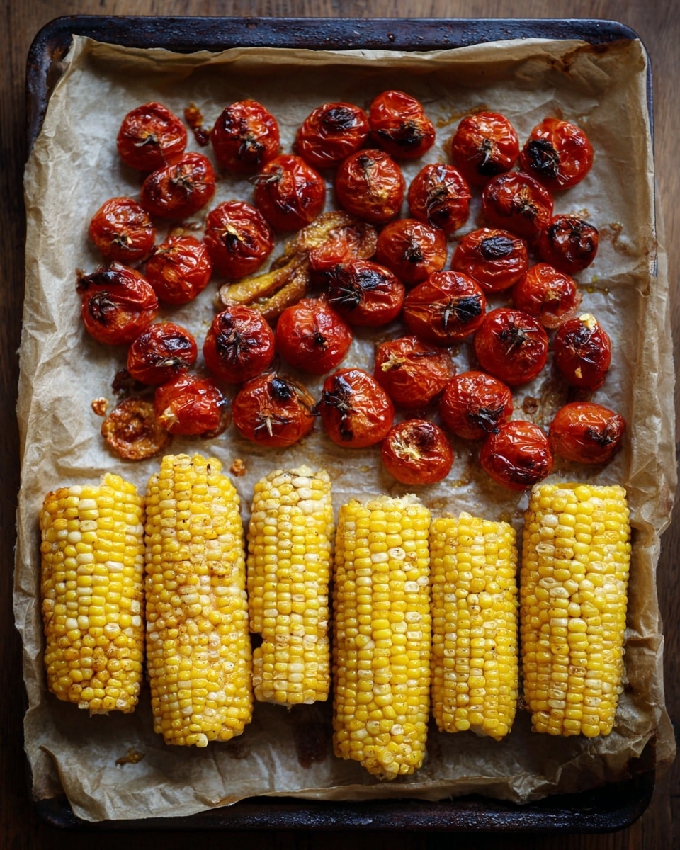 The image shows roasted corn and cherry tomatoes on a baking tray lined with a light brown paper. There are seven bright yellow roasted corn cobs at the bottom, with slight charring on some kernels. Above the corn, a group of 27 roasted cherry tomatoes is spread out, showing wrinkled skin and dark brown char marks. The baking tray edges are dark and the paper underneath the vegetables is lightly browned. The overall composition is simple with a focus on the roasted textures and warm colors. photo taken with an iphone --ar 4:5 --v 7