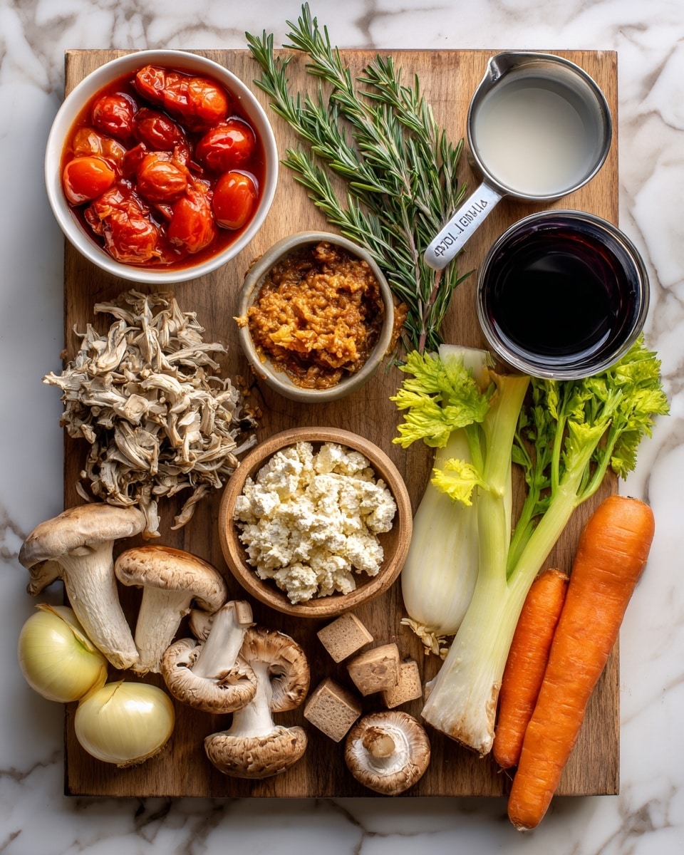 A wooden board placed on a white marbled surface holds many cooking ingredients arranged neatly. On the top left is a white bowl filled with whole peeled tomatoes in bright red sauce. Just below the bowl are dried mushrooms in light beige and brown tones. To the right of the mushrooms is a small round bowl with a paste of orange-brown color. Next to it is a wooden bowl filled with crumbled tofu in off-white color. Above the tofu is a small metal measuring cup with white liquid. Beside the cup stand sprigs of fresh rosemary with dark green needle leaves, a pale fennel bulb, and a few bright green celery sticks. To the right side of the board is a cluster of large light brown mushrooms, a small head of garlic with white and purple tones, a yellow onion with peeling layers, and two whole large carrots with vibrant orange color. At the top right corner of the board rests a round glass filled with dark red liquid, likely wine, and a small brown cube is near the mushrooms. A small bowl with a dark liquid, likely soy sauce, is in the middle between the tofu and the mushrooms. The overall feel is fresh and natural with varied earthy colors and textures. photo taken with an iphone --ar 4:5 --v 7
