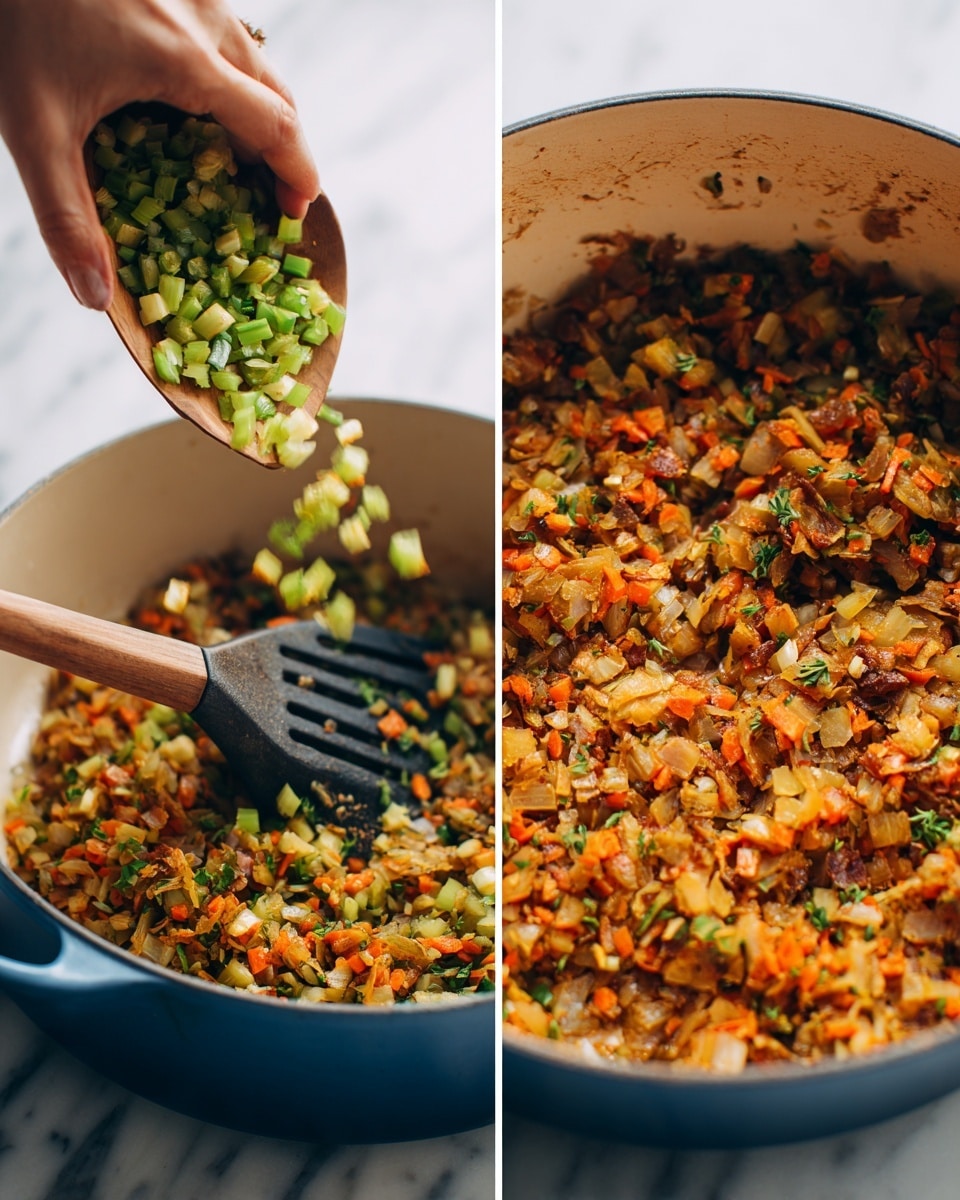 The image shows two side-by-side views of chopped vegetables being cooked. On the left, a woman's hand is pouring a mix of small green celery pieces from a white wooden board into a blue pot with cooked brown onions and orange carrots. A black spatula with a wooden handle is resting inside the pot. The background is a white marbled texture. On the right, there is a close-up of the cooked mix, showing a colorful and textured blend of browned onions, orange carrots, and green celery, all finely diced and mixed together. photo taken with an iphone --ar 4:5 --v 7