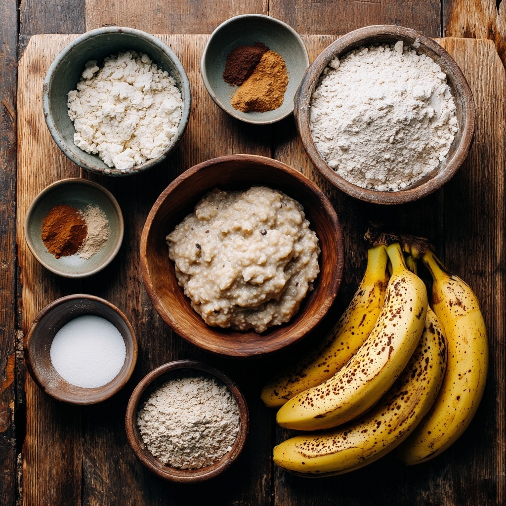 The three side-by-side images show the process of making banana bread batter. The first image shows a woman's hand stirring a light brown batter with a spatula in a clear glass bowl on a white marbled surface. The second image shows the same batter being poured from the glass bowl into a white rectangular baking pan lined with parchment paper. The third image shows the baking pan filled with the batter and two halved bananas with a yellow peel and creamy inside placed on top, centered and aligned flat on the batter. photo taken with an iphone --ar 4:5 --v 7