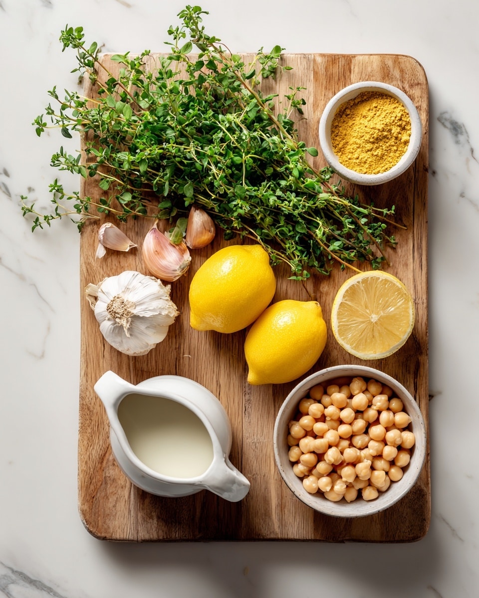 The image shows a wooden board on a white marbled surface with fresh ingredients arranged neatly. On the left, two garlic cloves and one shallot rest close to the bottom edge. Above them, a bunch of fresh green herbs with fine leaves and small sprigs fill half of the board on the top left side. On the right side, three white bowls are placed vertically: the top bowl contains yellow flaky nutritional yeast, the middle bowl holds two whole bright yellow lemons with one cut in half showing its inside, and the bottom bowl is filled with round, pale yellow chickpeas. At the bottom left of the board, a small white jug with a smooth surface contains a light cream liquid. Photo taken with an iphone --ar 4:5 --v 7