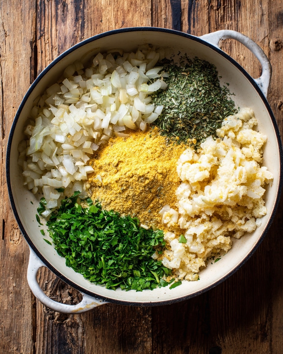 A white pan with a black rim is placed on a wooden surface. Inside the pan, there are four different ingredients arranged in rough sections: finely chopped cooked onions with a light brown color, fresh green herbs piled next to the onions, a heap of yellow powder, and a mound of a pale yellow, slightly mashed mixture. Some small pieces of cooked onions are scattered lightly around the pan. photo taken with an iphone --ar 4:5 --v 7