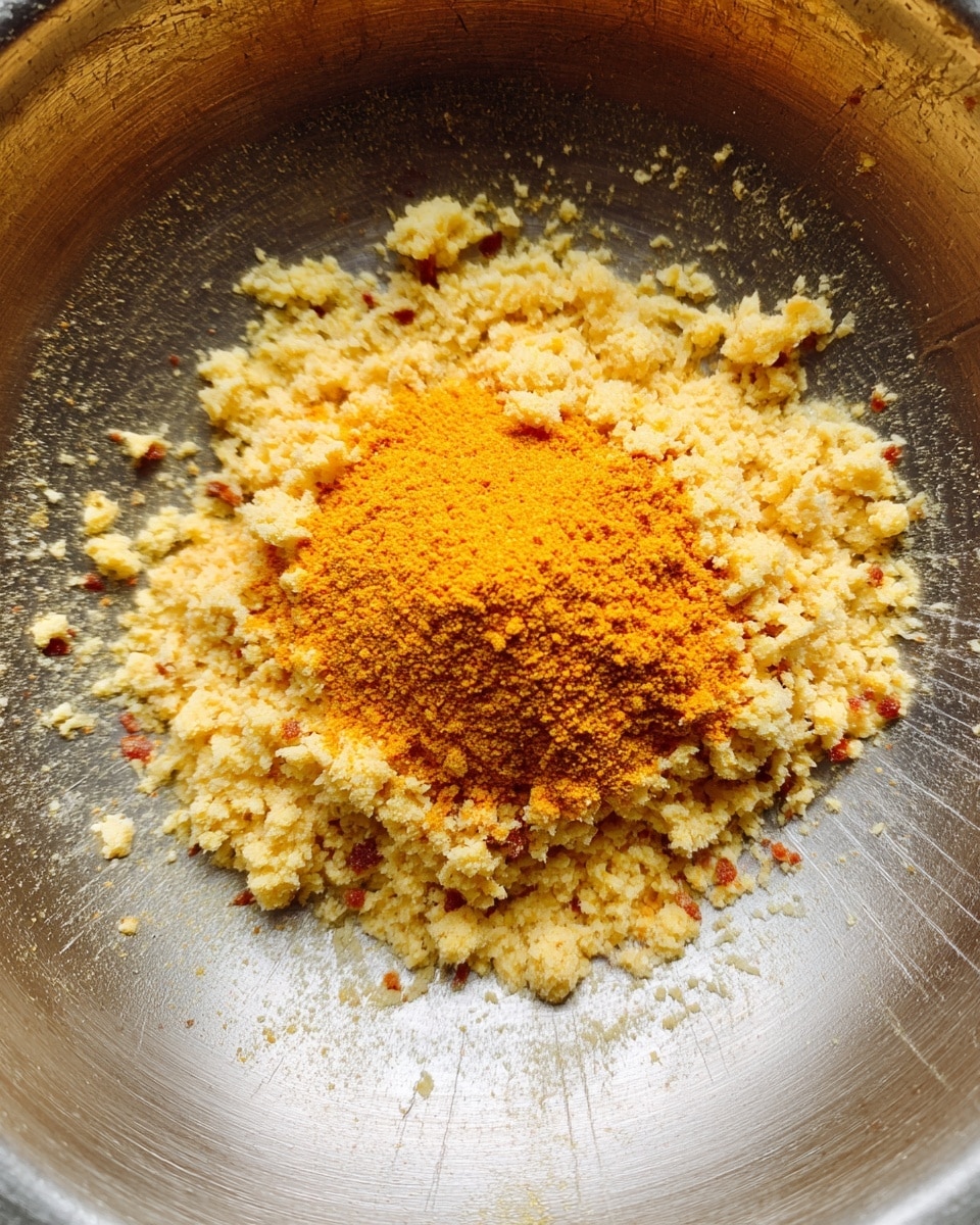 A close-up top view of a silver metal pan with a mixture of finely chopped light yellow ingredients and small red bits spread unevenly inside, forming a rough circular layer around the pan with an empty center. In the middle of the pan, there is a heap of bright orange-yellow powder placed on top of the mixture. The mixture has a soft, slightly wet texture with some clumps sticking to the pan's sides. The pan has a shiny, smooth surface that reflects light, showing scratches and marks from use. photo taken with an iphone --ar 4:5 --v 7