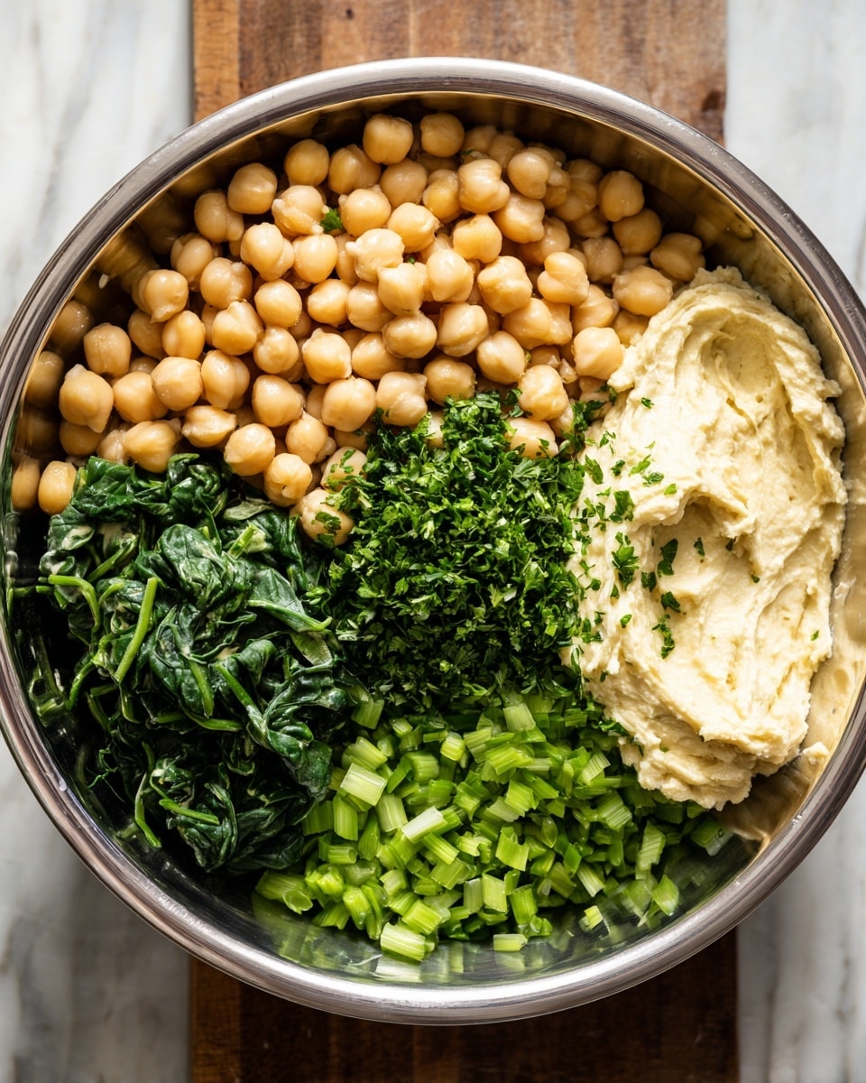 The image shows a close-up of a silver bowl filled with five groups of ingredients arranged in rough sections: light beige chickpeas on the left, dark green cooked spinach at the bottom, bright green chopped celery in the middle, fresh green herbs finely chopped on the right, and a large dollop of creamy off-white mixture on the upper right. The bowl sits on a wooden surface, but the background is described as a white marbled texture. The different textures of the chickpeas, cream, and greens create a colorful and fresh look. photo taken with an iphone --ar 4:5 --v 7