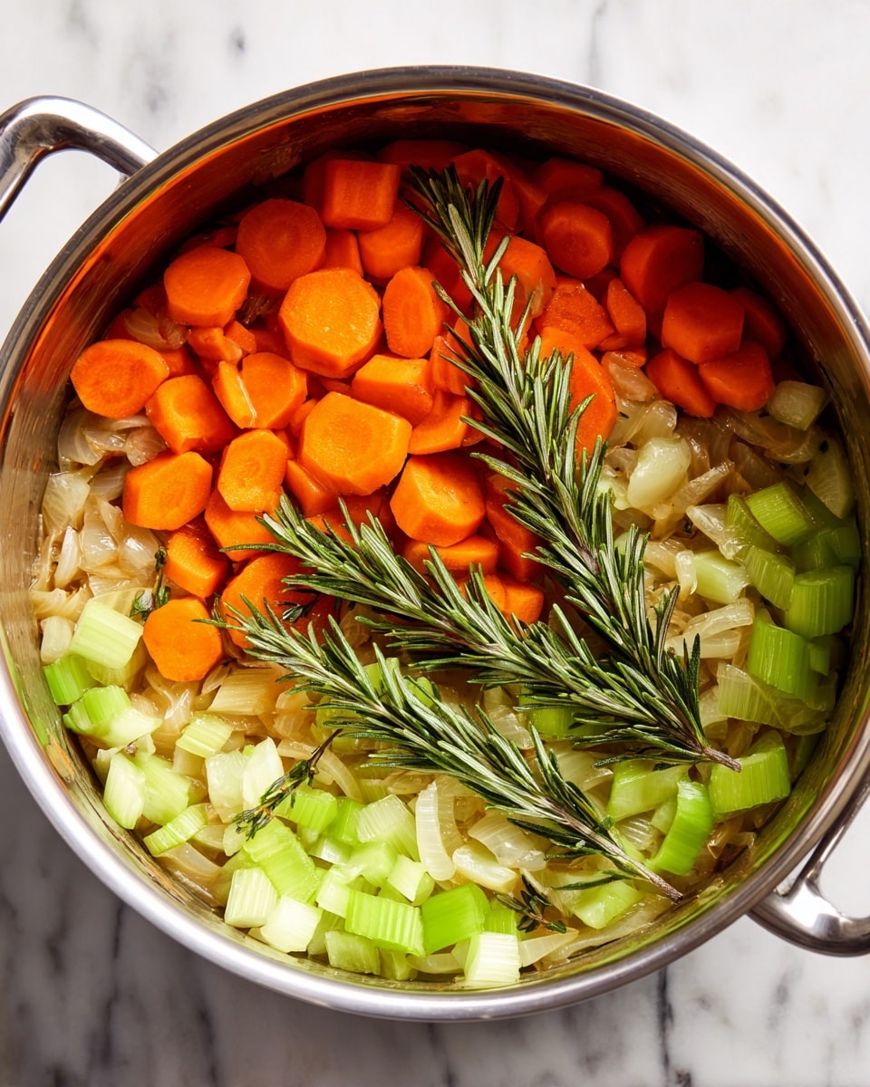 A close-up view inside a shiny metal pot filled with two main layers of cooked vegetables: the bottom layer has small pieces of translucent, light brown onion mixed with green celery slices, and the top layer features bright orange carrot slices, some halved, scattered evenly, along with a few long dark green rosemary sprigs placed diagonally across. The pot sits on a white marbled surface. photo taken with an iphone --ar 4:5 --v 7