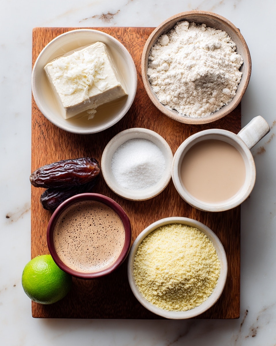 A wooden board with six small white bowls and two loose ingredients placed on a white marbled surface. The top-left bowl holds a block of soft white tofu with some flakes on top and a pale liquid around it. To its right is a bowl full of white flour with a slightly rough texture. Below the flour bowl is a small white bowl containing a light powdery white substance. To the left of it, a reddish-brown cup is filled with a frothy beige liquid. Above the cup is a white bowl with coarse yellow cornmeal or ground grains. On the bottom left of the board are a single dark brown date and a fresh green lime. photo taken with an iphone --ar 4:5 --v 7