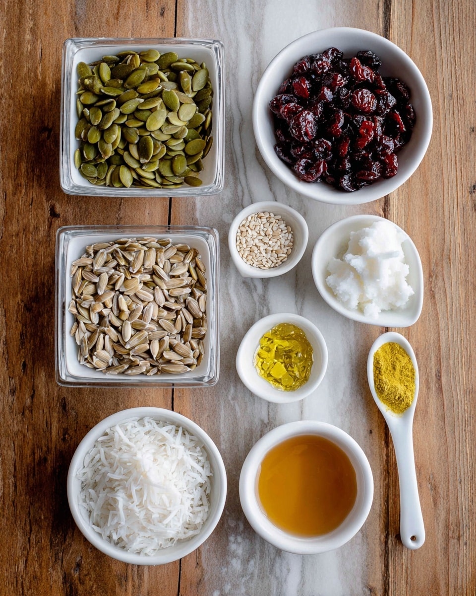 The image shows seven small dishes and containers with different ingredients placed on a wooden surface. Starting from the top left, there is a clear square container filled with green pumpkin seeds. Below it to the left is another clear square container, filled with light brown sunflower seeds. To the top right is a white bowl filled with dark red dried cranberries. In the middle right is a white spoon with a scoop of white solid coconut oil. In the center is a small white bowl filled with finely shredded white coconut. Below that is a small white bowl containing a yellow powder, and to the bottom left is a small white bowl full of white sesame seeds. At the bottom right is a white bowl filled with a light brown liquid, likely honey or syrup. The background is a white marbled texture photo taken with an iphone --ar 4:5 --v 7
