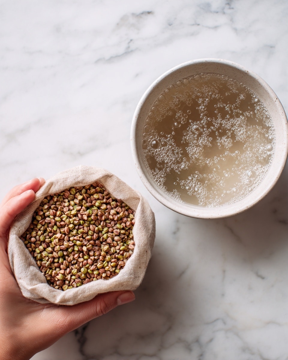 The image shows two parts: on the left side, a woman's hand holds an open bag filled with small, light brown and greenish buckwheat grains, showing the texture and colors clearly. On the right side, a white bowl is filled with buckwheat grains soaked in water; the grains are slightly swollen, and small bubbles float on the surface of the clear water. Both parts are set against a white marbled surface, giving a clean and fresh look. photo taken with an iphone --ar 4:5 --v 7