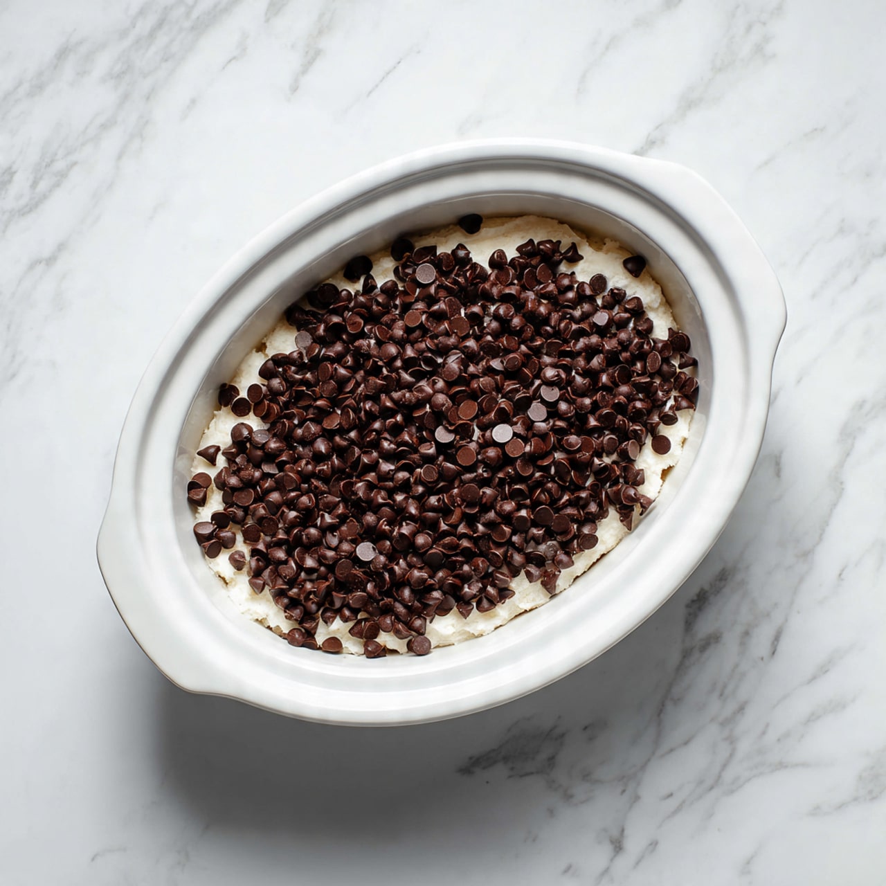 A white oval slow cooker filled with uneven pieces of white bread at the bottom layer, topped generously with a thick layer of shiny dark brown chocolate chips scattered evenly across the bread pieces. The slow cooker is placed on a white marbled surface, and the image is taken from directly above, showing the contrast between the soft white bread and the smooth, small chocolate pieces photo taken with an iphone --ar 4:5 --v 7