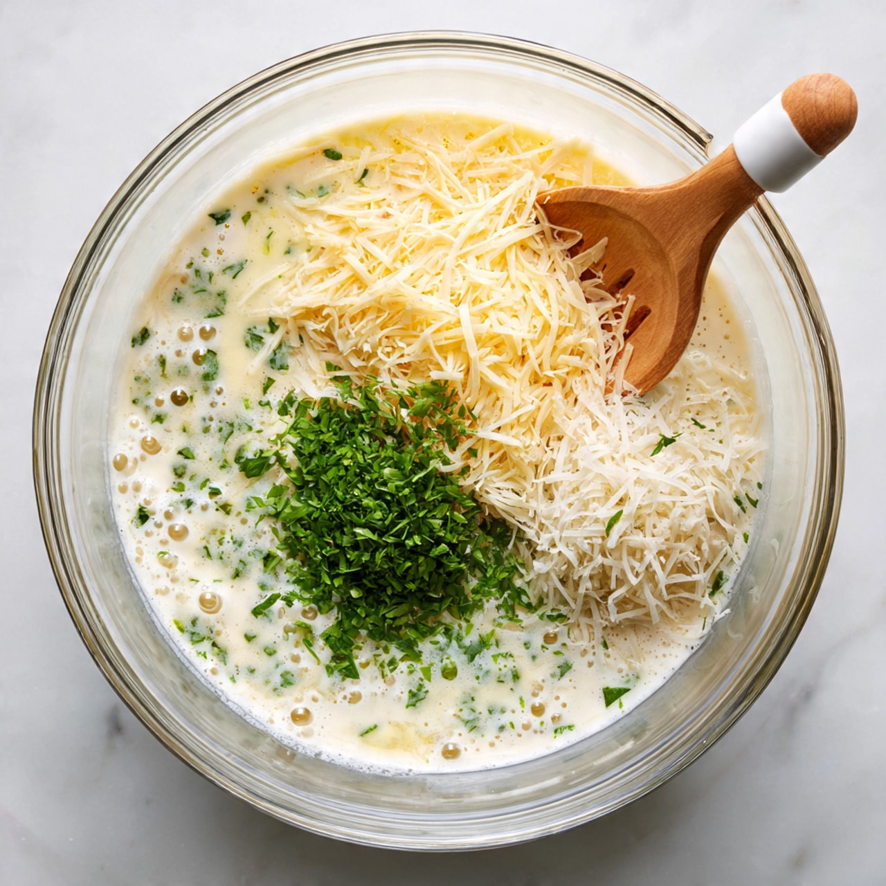 A flat lay shows ingredients for a meal on a white marbled surface: a plate with a square block of raw ground meat in the center, a white bowl of finely chopped white onions above it, a white bowl of crumbled cheese below to the right, and a bowl of shredded cheese below to the left. To the right, there are three uncooked lasagna sheets stacked on a white plate, two brown eggs next to fresh green parsley, and a white bowl with a red tomato sauce on the bottom right. Small bowls with white granulated salt, mixed dried herbs, and grated cheese are placed around the main ingredients. Two cloves of garlic sit in a small white dish near the top center. Photo taken with an iphone --ar 4:5 --v 7