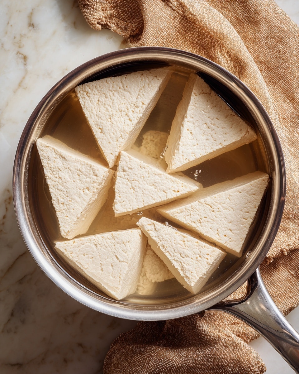A stainless steel pot holds nine large triangular pieces of light beige tofu gently floating in clear water, with soft reflections on the water surface. The pot's edge and handle are visible, resting on a warm beige cloth on a white marbled surface. The tofu pieces have a smooth but slightly grainy texture, creating a simple and clean scene. photo taken with an iphone --ar 4:5 --v 7