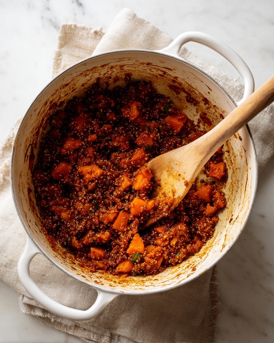 Inside a white cooking pot with a white handle, there are small chunks of orange vegetables mixed with dark brown spices and white quinoa seeds. The mixture is thickly coated with dark sauce residue stuck to the sides of the pot. A wooden spoon, also covered partly in dark sauce, is inside the pot, stirring the thick textured mixture. The pot sits on a beige cloth on a white marbled surface. photo taken with an iphone --ar 4:5 --v 7