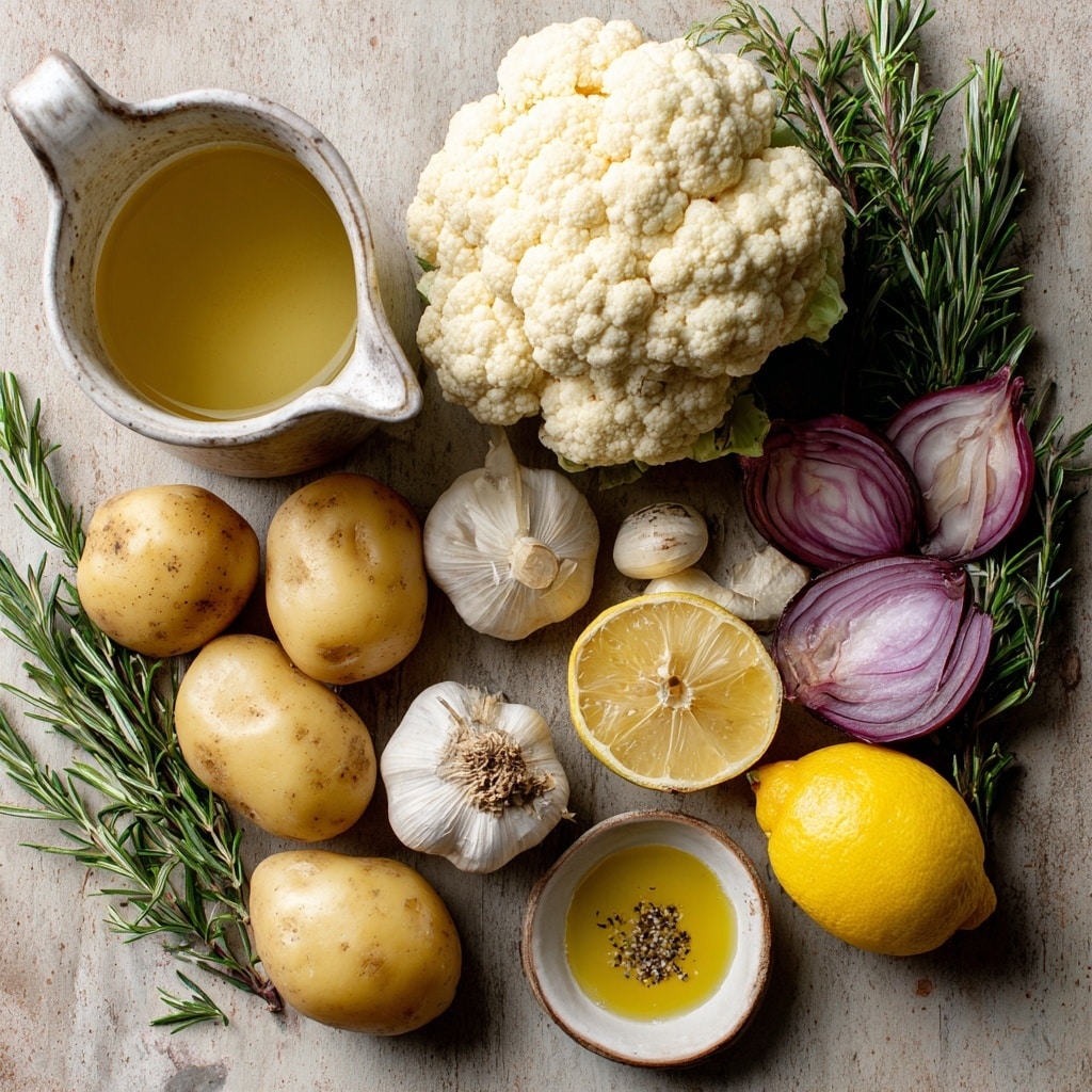The image shows a close-up of roasted cauliflower and golden mushrooms spread unevenly on a dark baking tray with some charring on the veggies. Among the vegetables is a squeezed lemon half with a rough texture placed near the center-left, and a shiny silver spoon with food bits rests at the bottom right. The roasted pieces display a mix of light to dark brown colors with crispy edges. The background is white marbled texture. Photo taken with an iphone --ar 4:5 --v 7