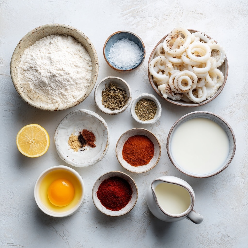 A top view of a white bowl filled with a creamy white liquid and many small, irregular pieces of light pink and pale beige squid, floating evenly across the surface. The squid parts have a glossy texture and are softly submerged in the milk-like liquid. The bowl sits on a white marbled surface, creating a clean and simple background. Photo taken with an iphone --ar 4:5 --v 7