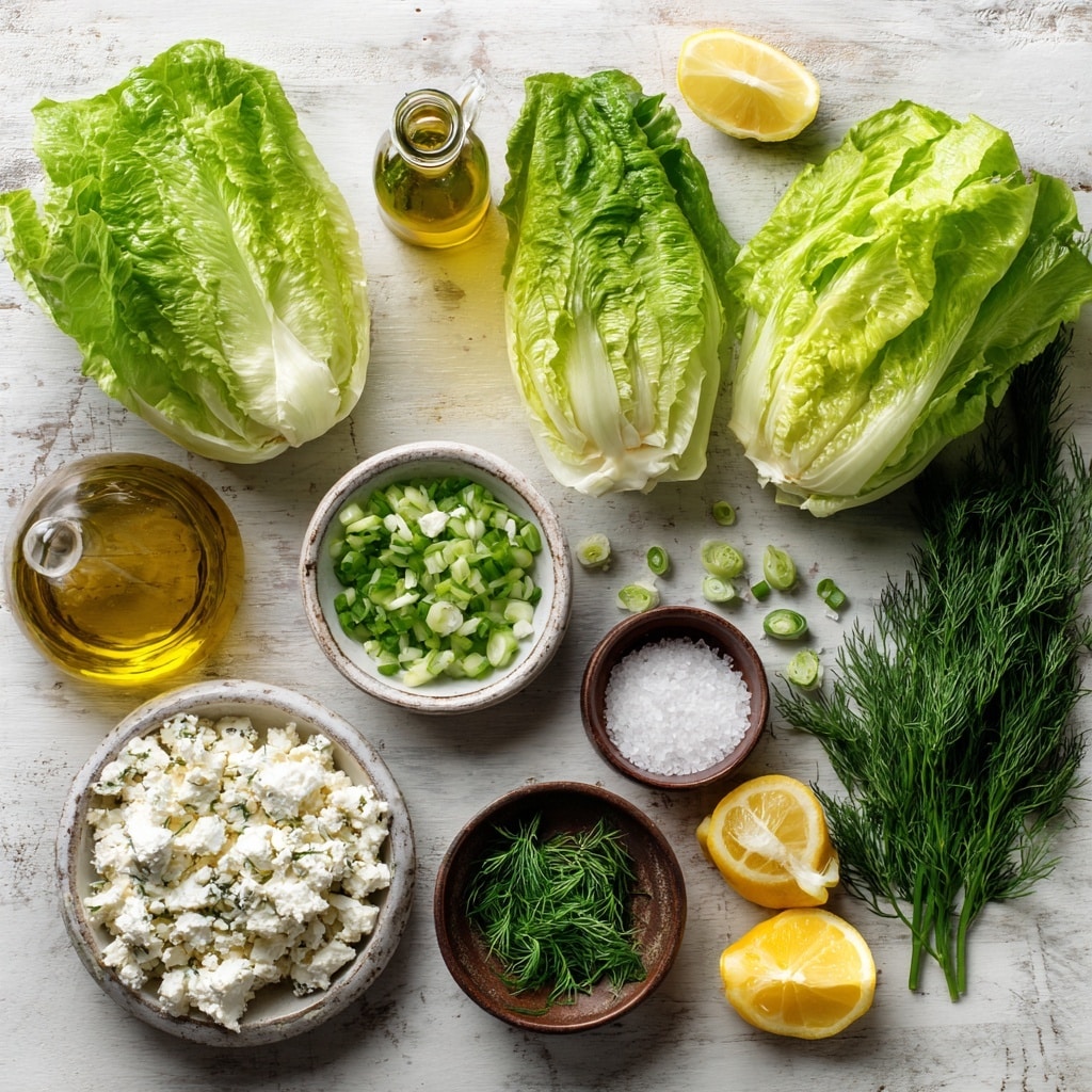 A large wooden bowl filled with a fresh green salad made of finely chopped lettuce, light green and white layers mixed with small bits of green herbs scattered throughout. Two wooden spoons with long, dark brown handles rest inside the bowl on the right side. In the background, a white marbled surface is covered with white cloth napkins, one with dark stripes. On the upper left, there is a white plate holding two lemon slices and a bunch of fresh green dill. Photo taken with an iphone --ar 4:5 --v 7