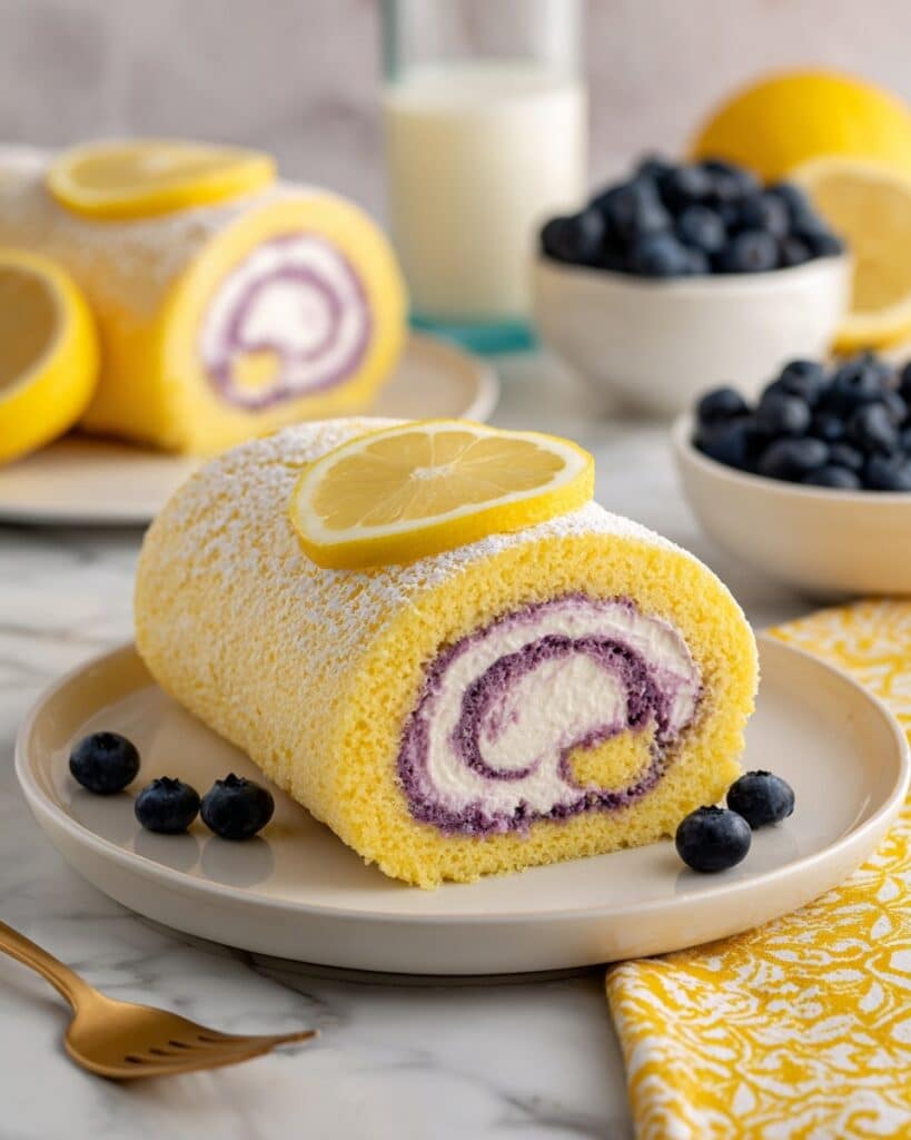 Lemon Cake Roll with Blueberry Cream Cheese Frosting Recipe