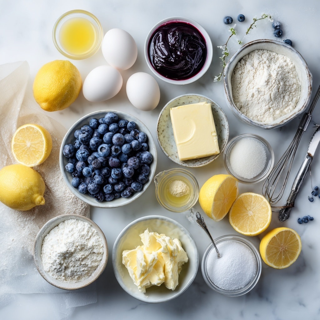 A yellow sponge cake roll with one thick spiral layer of light purple filling is placed on a white plate. The cake is garnished with two slices of fresh bright yellow lemon on the upper side. Several shiny dark blueberries are scattered on the plate near the cake and lemon slices. In the background, there are more white plates with the same cake roll and bowls filled with blueberries on a white marbled surface. A clear glass of milk and a golden fork are partially visible nearby. A yellow patterned cloth is at the corner. Photo taken with an iphone --ar 4:5 --v 7