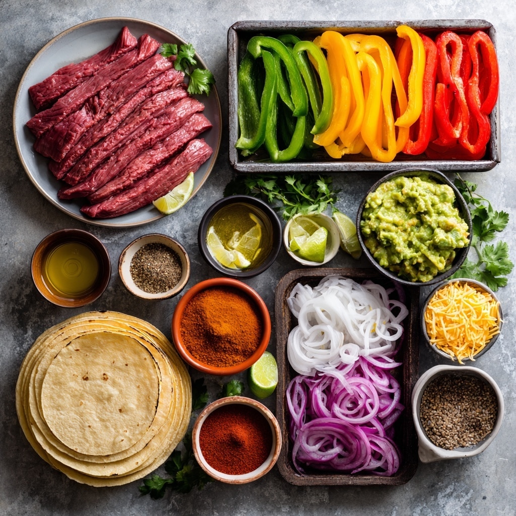 A close-up image of a taco open-faced on a white plate with red patterns, placed on a white marbled surface. The bottom layer is a slightly charred tortilla with light brown spots. On top of the tortilla, there are small pieces of grilled bell peppers and red onions in red, yellow, and green colors, with a grilled thin slice of steak laid over them. Above the steak is a dollop of white sour cream, topped with a thick scoop of green guacamole, and garnished with fresh cilantro leaves. In the background, blurred to keep focus on the taco, there is more food on a tray. Photo taken with an iphone --ar 4:5 --v 7
