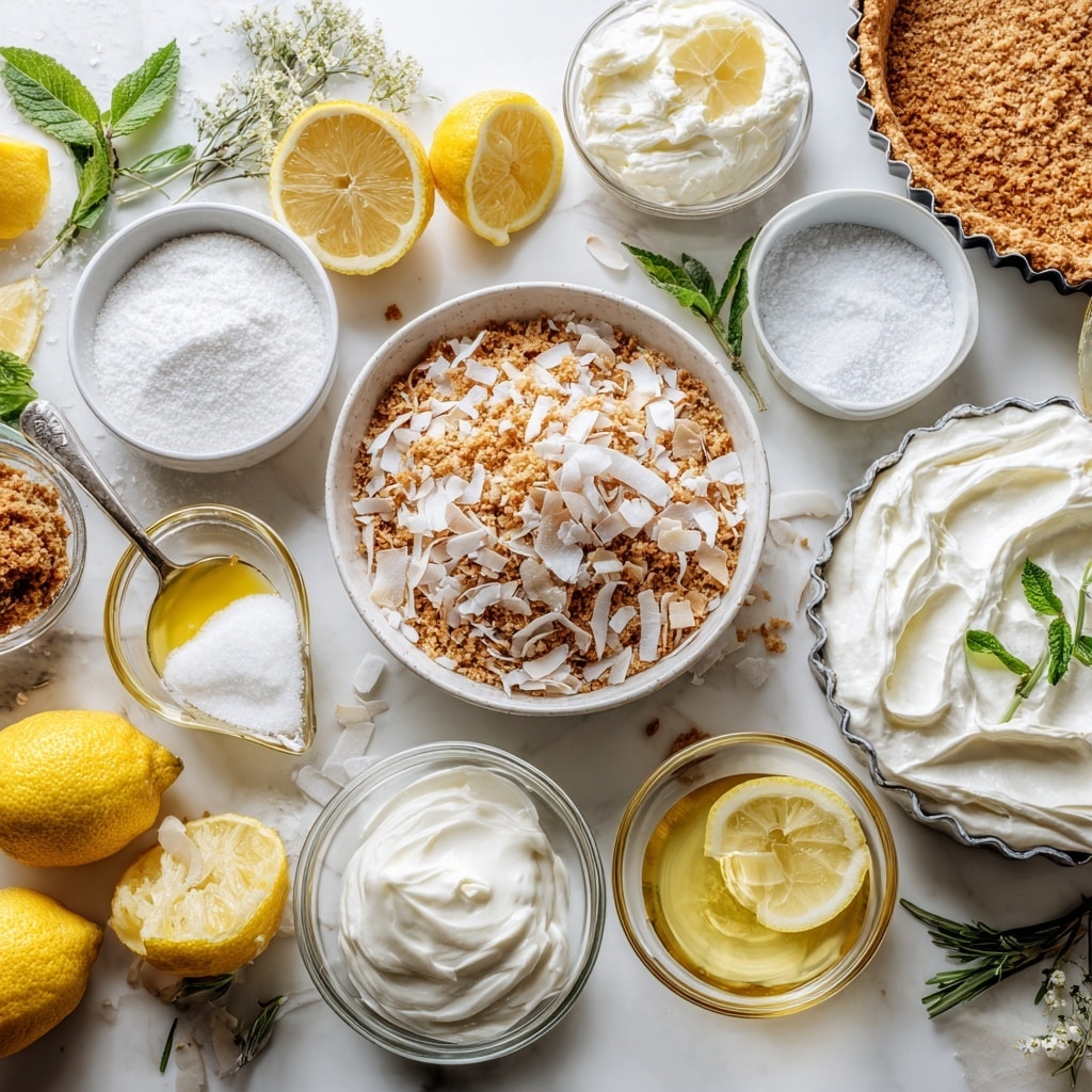 A round tart with a rough brown crust forms the base layer, filled with a smooth, creamy white filling that covers most of the tart's surface. On the left side, thin yellow lemon slices are arranged with white coconut flakes and small green rosemary sprigs scattered among them, dusted lightly with white powdered sugar. The tart is placed on a light green plate, and the background is a white marbled texture. A halved lemon, a wooden juicer, a beige cloth, and some rosemary sprigs decorate the surrounding area. Photo taken with an iphone --ar 4:5 --v 7