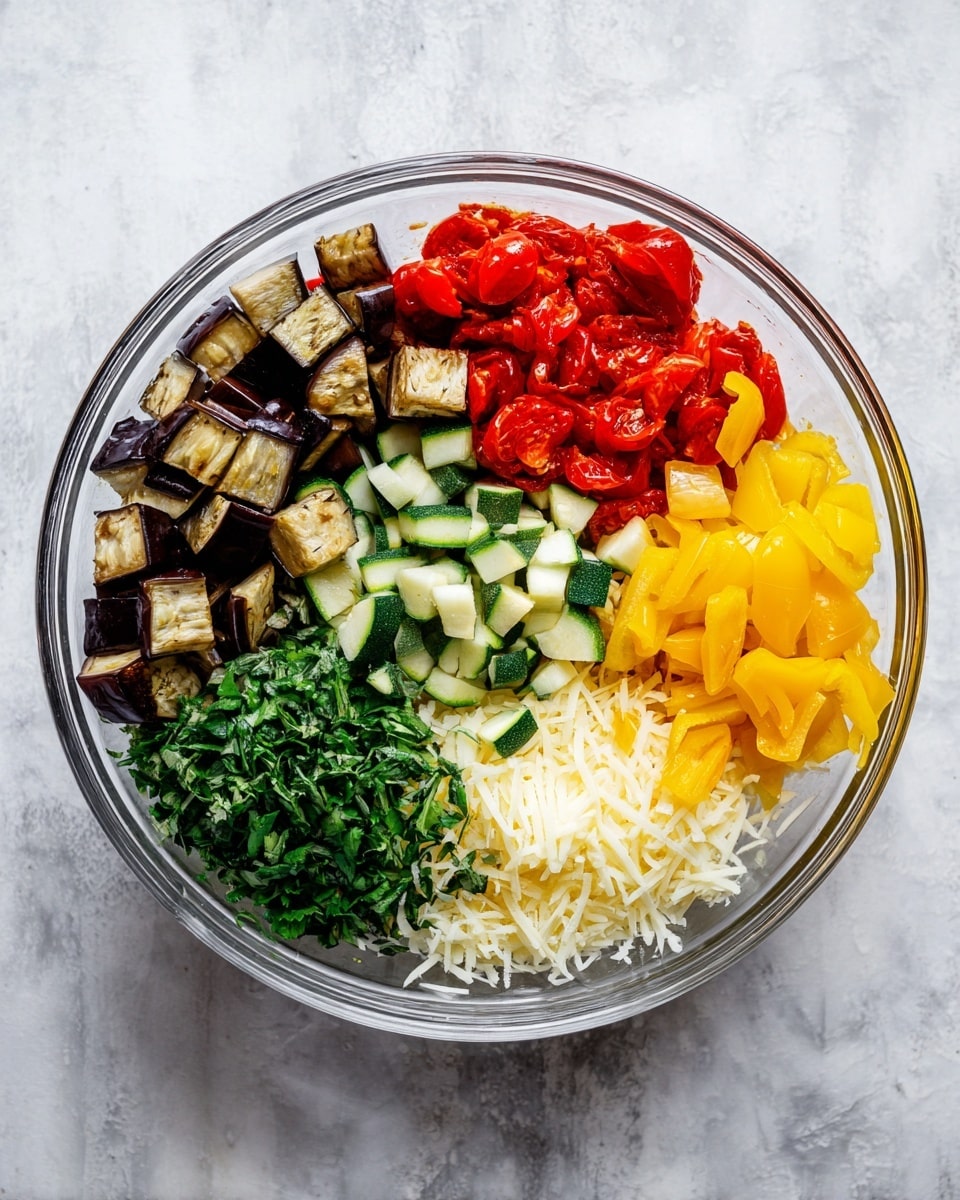 A clear glass bowl is placed on a white marbled surface, holding six distinct layers of ingredients separated neatly inside. Starting from the left, dark brown roasted eggplant cubes with a soft texture sit next to bright green chopped zucchini pieces at the top right. In the middle is a fluffy white layer of minced garlic, below which are small, vibrant red roasted cherry tomatoes. At the bottom right, a pile of shredded pale yellow cheese is placed beside bright yellow roasted bell pepper pieces. At the bottom left corner, there is a fresh pile of chopped leafy green herbs, adding contrast to the bowl's colorful mix. photo taken with an iphone --ar 4:5 --v 7