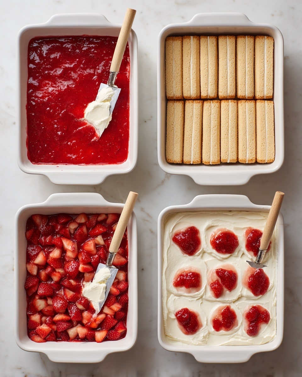 A white square baking dish filled with a layered dessert featuring a thick creamy top layer that is light beige and smooth with slight peaks. In the center, there is a flower-shaped arrangement of red strawberry slices, layered densely in a circular pattern, growing smaller towards the middle. Small dark chocolate shavings are scattered lightly over the cream, adding texture and contrast. Around the dish, there are fresh whole strawberries and two small white bowls, one containing strawberry slices and the other with chocolate shavings, all placed on a white marbled surface. Photo taken with an iphone --ar 4:5 --v 7