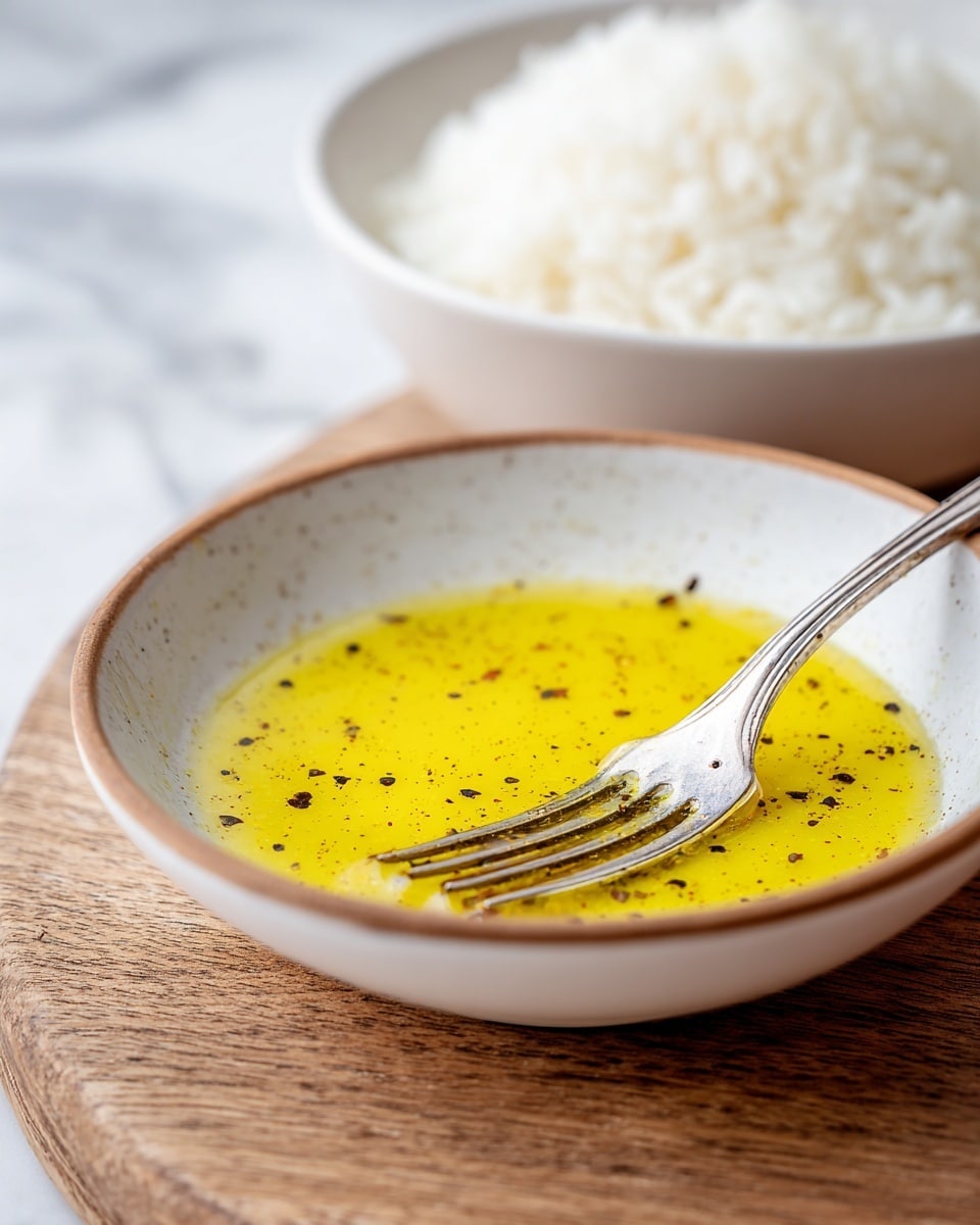A close-up view of a shallow white bowl with a light brown rim filled with a thin yellow sauce mixed with small black specks and tiny bubbles on the surface. A silver fork with a simple design rests inside the sauce on the right side, its prongs partly submerged. In the background, there is a blurred white bowl filled with white rice. The setting is on a wooden surface, replaced by a white marbled texture. Photo taken with an iphone --ar 4:5 --v 7