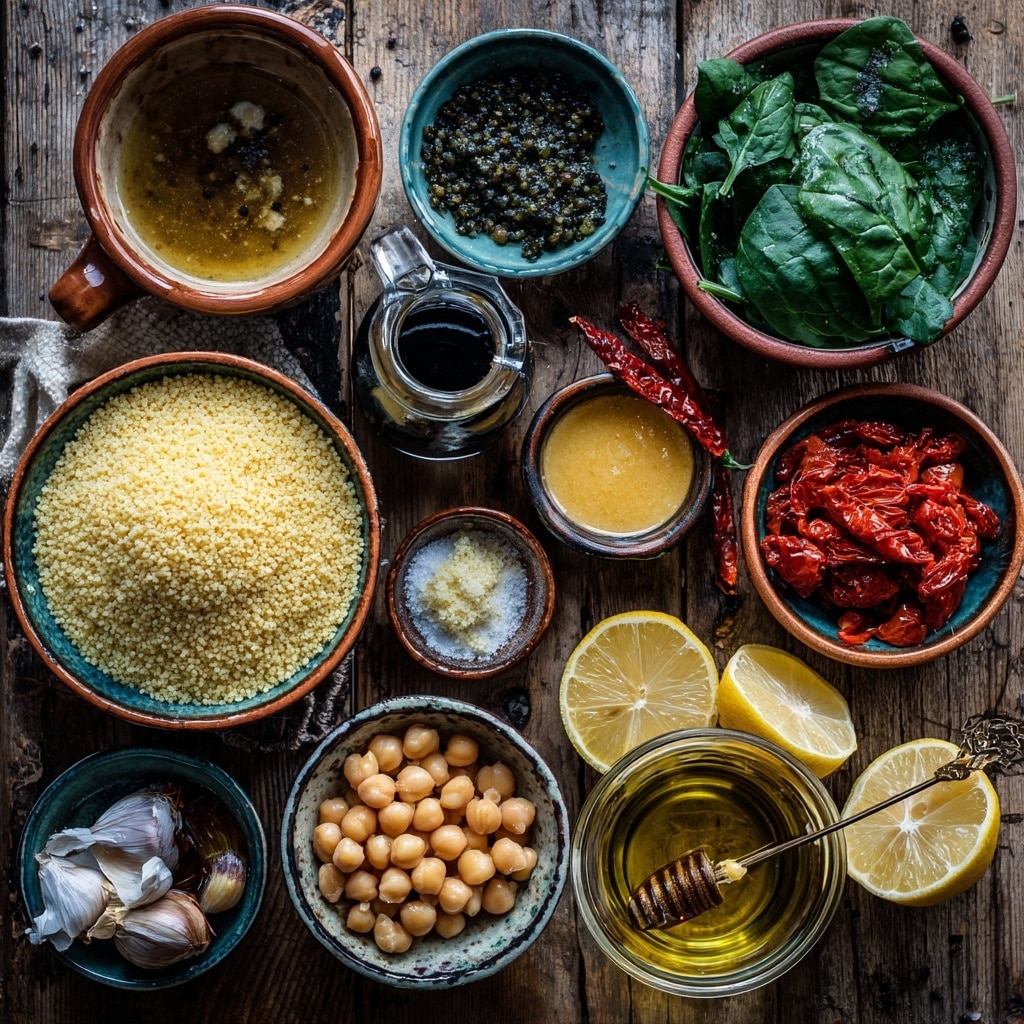 A white bowl filled with a layered salad sits on a white marbled surface. The bottom layer is fresh, dark green spinach leaves and arugula spread loosely. On top of this is a thick layer of small, light yellow couscous grains mixed with finely chopped herbs and small bits of red chili. Scattered evenly across the top are dark green capers and pieces of sun-dried tomatoes adding red color. There are two lemon wedges placed on the right and bottom edges inside the bowl. A clear glass bowl with golden olive oil and a green chili inside is near the top right corner. Some spinach leaves and capers are scattered around the bowl on the white marbled surface, and a cream-colored cloth is softly folded near the bottom left corner photo taken with an iphone --ar 4:5 --v 7