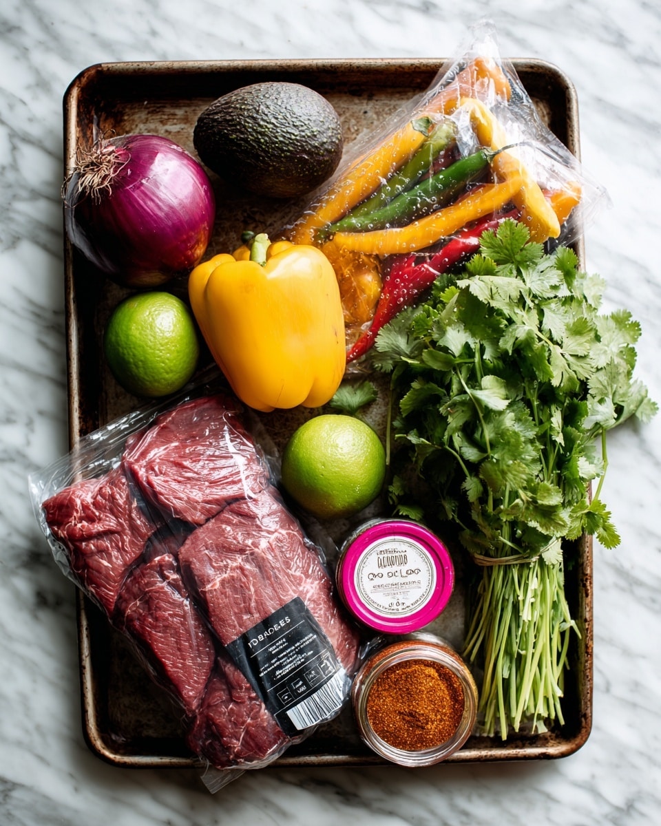 The image shows an old metal tray on a white marbled surface holding various fresh ingredients: at the top left, a dark purple onion and a dark green avocado next to a bright green lime; above the center, a clear plastic bag containing yellow and red mixed peppers with a green and white label; in the middle, a bundle of fresh green cilantro sitting on top of a pack of deep red sirloin steak wrapped in black plastic with a white and black label; to the right of the steak, a small jar of orange-brown Cajun seasoning with a pink lid. photo taken with an iphone --ar 4:5 --v 7