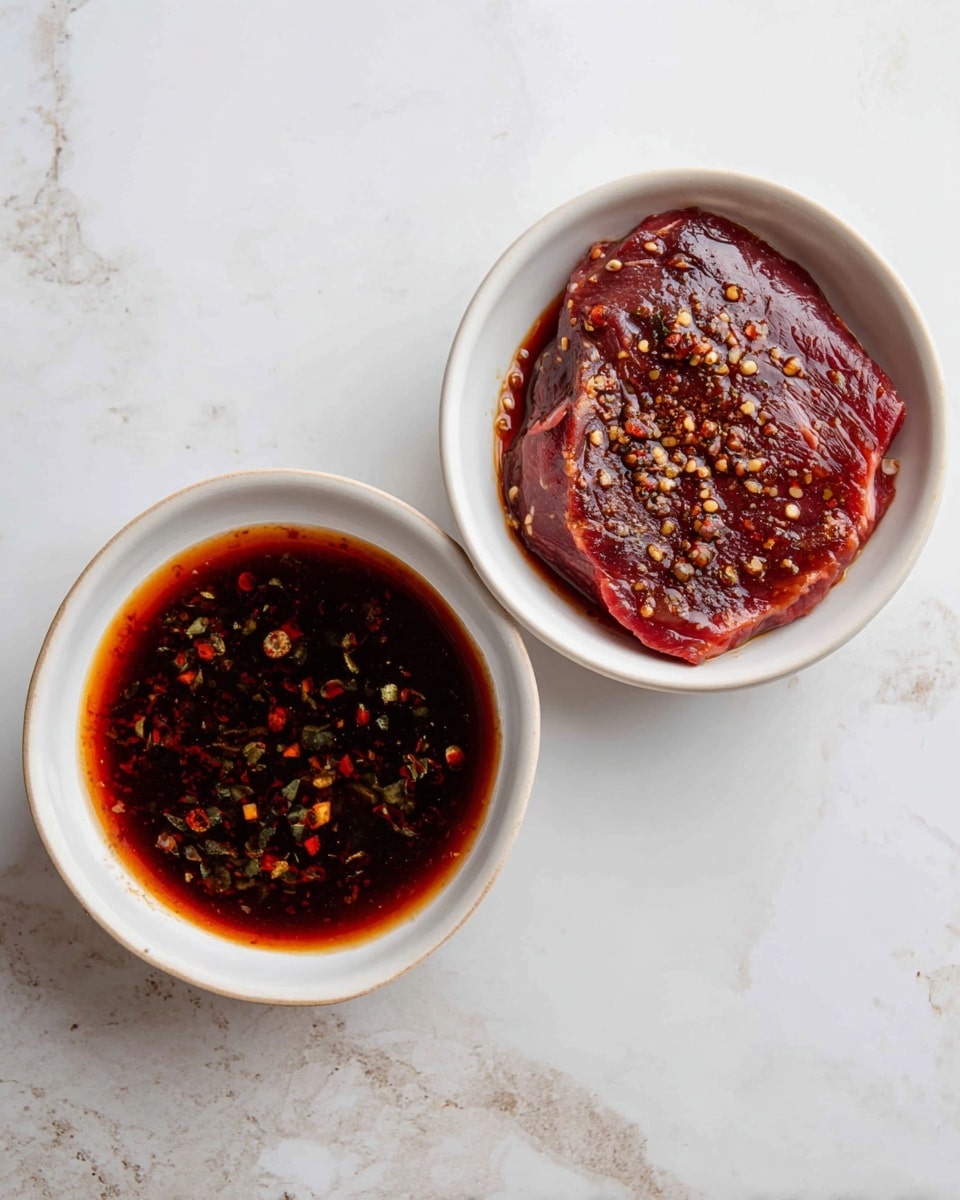 The image shows two white bowls on a white marbled surface. The left bowl has a single layer of dark reddish-brown liquid with small herbs and spices floating in it. The right bowl contains a raw meat slice fully covered in the same reddish-brown liquid with visible spices sprinkled on top. The meat is thick and has a darker red color under the sauce with some fat edges visible. Photo taken with an iphone --ar 4:5 --v 7