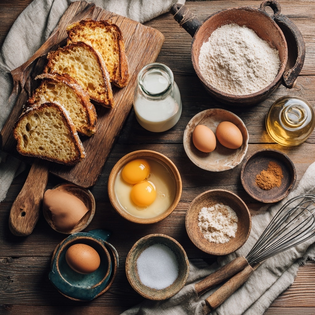 The image shows four steps of making cinnamon toast. The first part displays two slices of white bread on a white plate with a small bowl of beaten eggs nearby, all set on a white marbled surface. The second part has three bread slices frying in a black pan with golden bubbles and crisp, brown edges. The third part features five toasted slices placed on parchment paper on a baking tray, with a woman's hand sprinkling brown cinnamon sugar over them. The final part shows three golden-brown toasted slices stacked on a white plate, topped with a sprinkle of cinnamon sugar, all set on a white marbled background with a red and white cloth nearby. Photo taken with an iphone --ar 4:5 --v 7