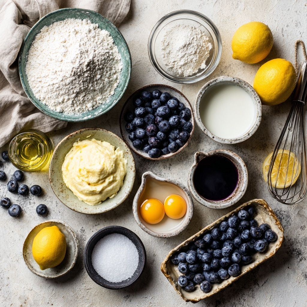 The image shows four stages of making blueberry cake arranged in a grid on a white marbled surface. The first top-left image has a metal bowl with three eggs, white yogurt, brown sugar, and lemon zest. The top-right image shows a white bowl filled with mixed batter with blueberries folded in, a wooden spatula resting inside. The bottom-left image displays the cake baked in a metal loaf pan lined with parchment paper, golden brown with blueberries visible on top. The bottom-right image shows the finished cake sliced on a metal tray, revealing the moist yellow crumb with blueberries inside, a white glaze drizzled on top. photo taken with an iphone --ar 4:5 --v 7