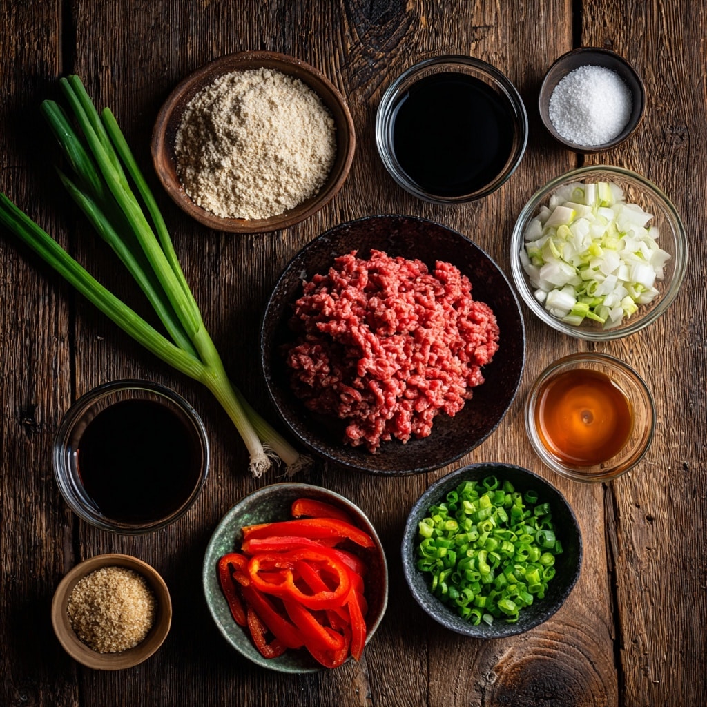 A bowl with two layers is shown on a white marbled surface. The bottom layer is white steamed rice, fluffy and soft. On top is a thick layer of cooked ground beef mixed with small pieces of red bell pepper and onions, giving a mix of brown and red colors with a moist texture. The beef is sprinkled with chopped green onions and white sesame seeds, adding green and white color spots over the beef. In the background, a black pan with more ground beef and some red bell pepper pieces is partially visible, as well as a small white bowl full of chopped green onions. photo taken with an iphone --ar 4:5 --v 7