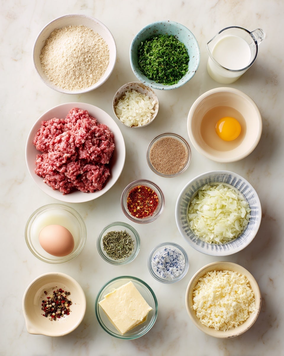 This image shows 14 small white bowls and glass dishes placed on a white marbled surface, each holding different ingredients arranged in a neat grid. Starting from the top left, there is a white bowl filled with raw ground pink meat, next to it a bowl of light tan breadcrumbs, and a bowl of finely chopped green herbs. To the right, a small glass bowl contains brown powder seasoning, and next to it is a measuring cup with white milk. In the middle row, from left to right, a striped white bowl holds more raw ground meat of a deeper red color, next to it a white bowl with a light brown liquid broth, followed by a glass bowl with dried green herbs, and another glass bowl with minced light yellow garlic. Below that, a small tan bowl holds black pepper, adjacent to a glass bowl with red chili flakes. At the bottom row, a white bowl contains a pale gelatinous mix, beside it is a bowl filled with grated pale yellow cheese, a small blue-speckled bowl of chopped white onions, a tan bowl with soft yellow butter, and finally a whole white egg. The light is bright and soft, showing the textures clearly, with no shadows or clutter. photo taken with an iphone --ar 4:5 --v 7