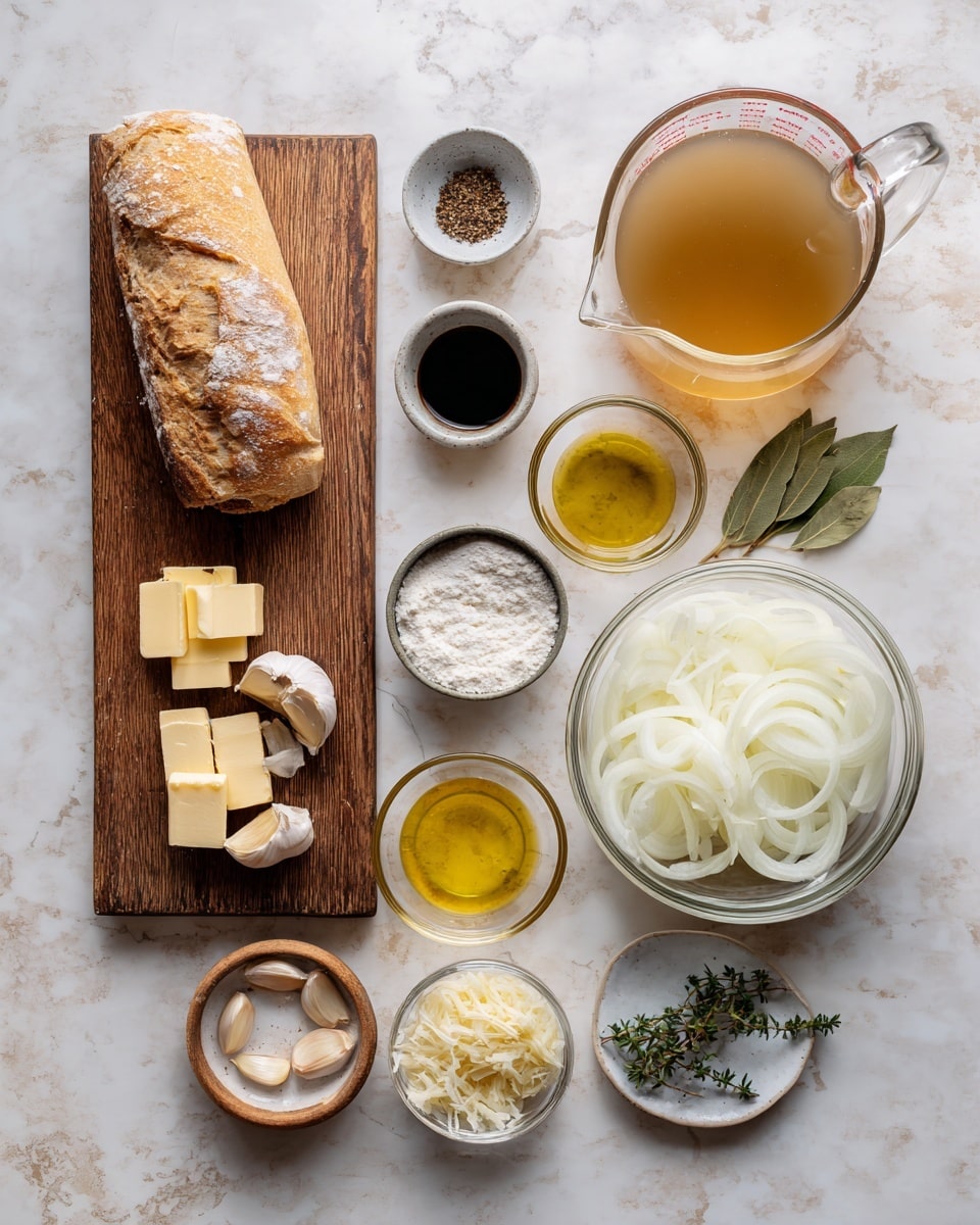 The image shows two white bowls filled with dark brown onion soup, with visible cooked onion slices floating in the liquid. Each bowl has two golden brown toasted bread slices placed on top, covered by a thick layer of melted pale yellow cheese with some bits slightly browned. A sprig of fresh green thyme is laid on the cheese in one bowl for garnish. The bowls are placed on a white marbled surface. In the background, part of a white pot with more soup, also topped with toasted bread and melted cheese, is visible. Near the bowls, there is a small white dish holding some black pepper and salt. photo taken with an iphone --ar 4:5 --v 7